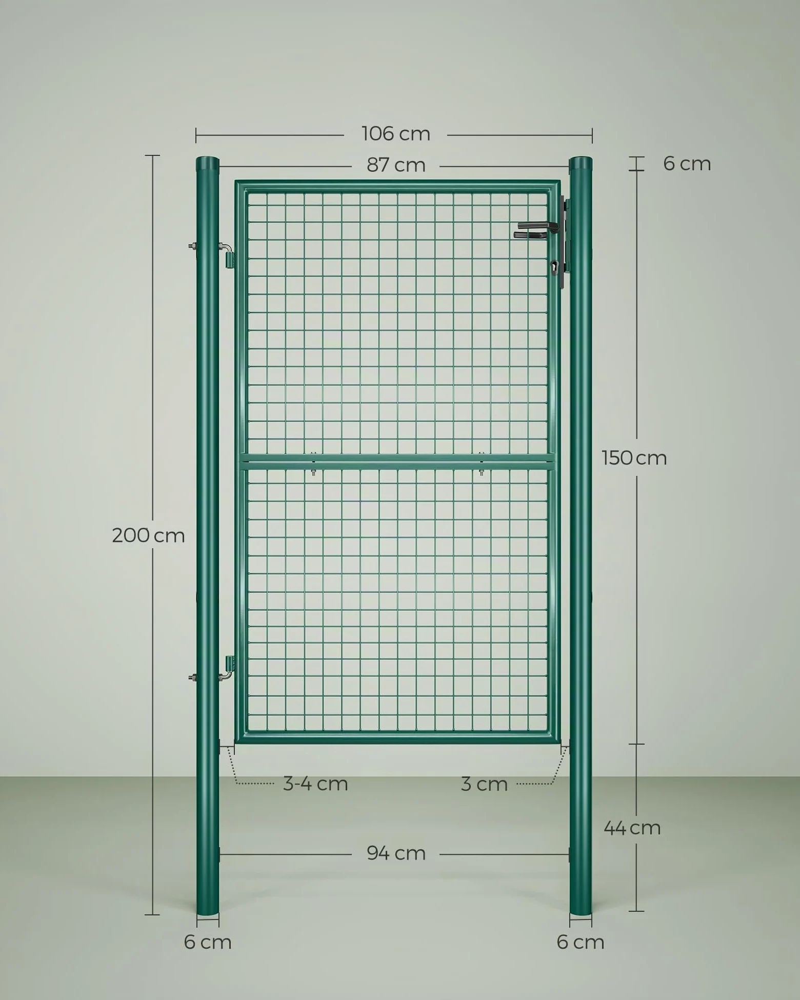 SONGMICS Cancello da Giardino, Cancelletto da Giardino, Acciaio Zincato con Serratura, Porta di 106 x 150 cm (L x H), Tubo Tondo, Cancello per Recinzione, Verde GGD200G