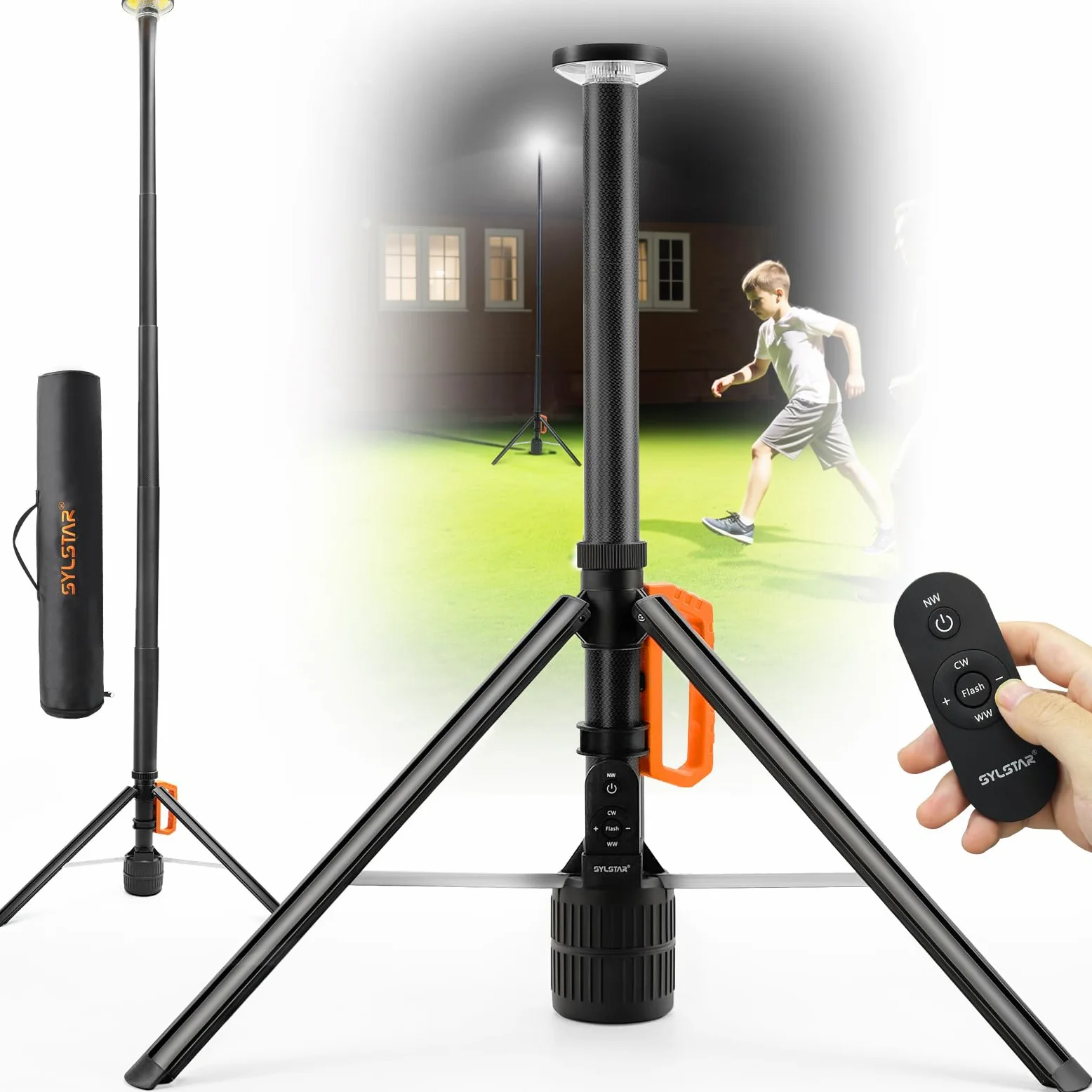 SYLSTAR Faro LED Ricaricabile con Telecomando e Treppiede Telescopico (2,65 m), 3000LM Ultra Luminoso Faretto a Batteria, 3CCT Regolabile, Faro da Cantiere per Officine Sport Campeggio Emergenze