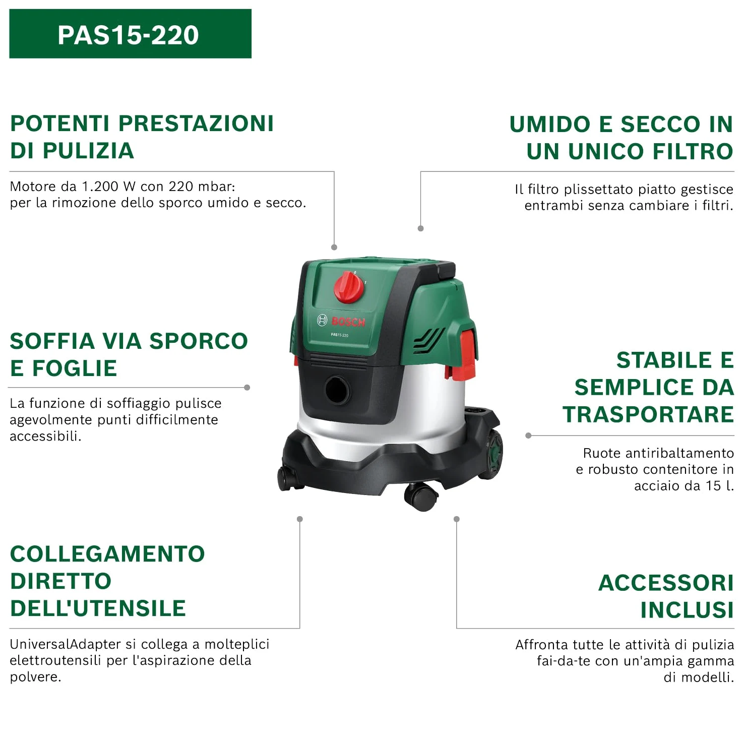 Bosch Aspirapolvere a filo PAS15-220 (Tubi di prolunga, tubo di aspirazione 2,2 m, tubo a gomito/impugnatura, bocchette, borsa in tessuto (Uni), filtro plissettato piatto, UniversalAdapter)