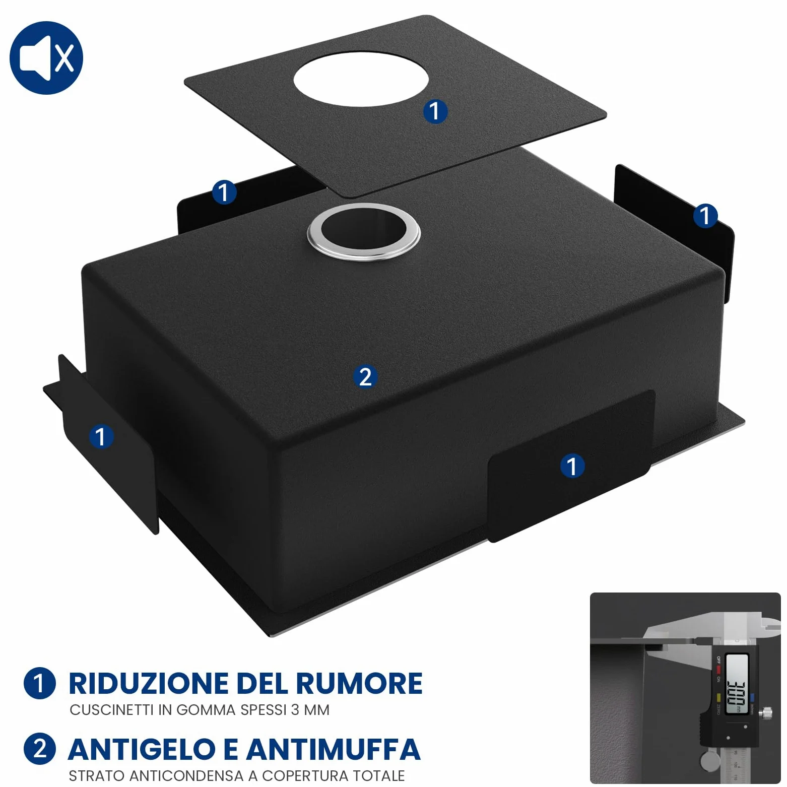 CECIPA 60x49 cm Lavello Nero 1 Vasca in Acciaio Inox, Lavandino Cucina 1 Vasca con Dispenser Sapone e Cestello, Lavello Cucina per Mobile da 60cm, da Incasso o Banco, con Sifone e Scarico