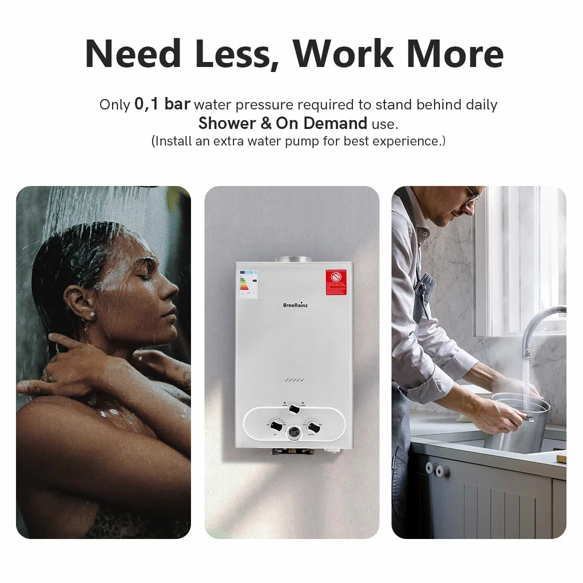 20LPM Scaldabagno Gas, 40KW Scaldabagno a Gas GPL con Pressione dell'Acqua Super Bassa di 0,1 bar Disponibile per Doccia e su Richiesta, Funzionamento a Propano Butano