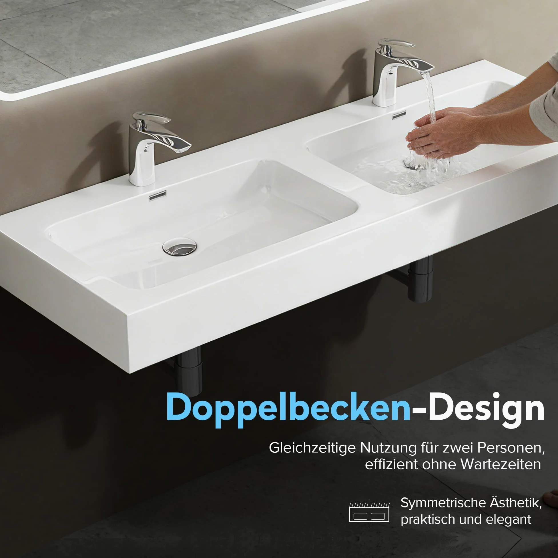 doporro Lavabo da Appoggio, Lavandino Bagno 140x48x13cm, Lavabo da Minerale Fuso Colossum830, due Fori per la Rubinetteria, Bianco Lucido