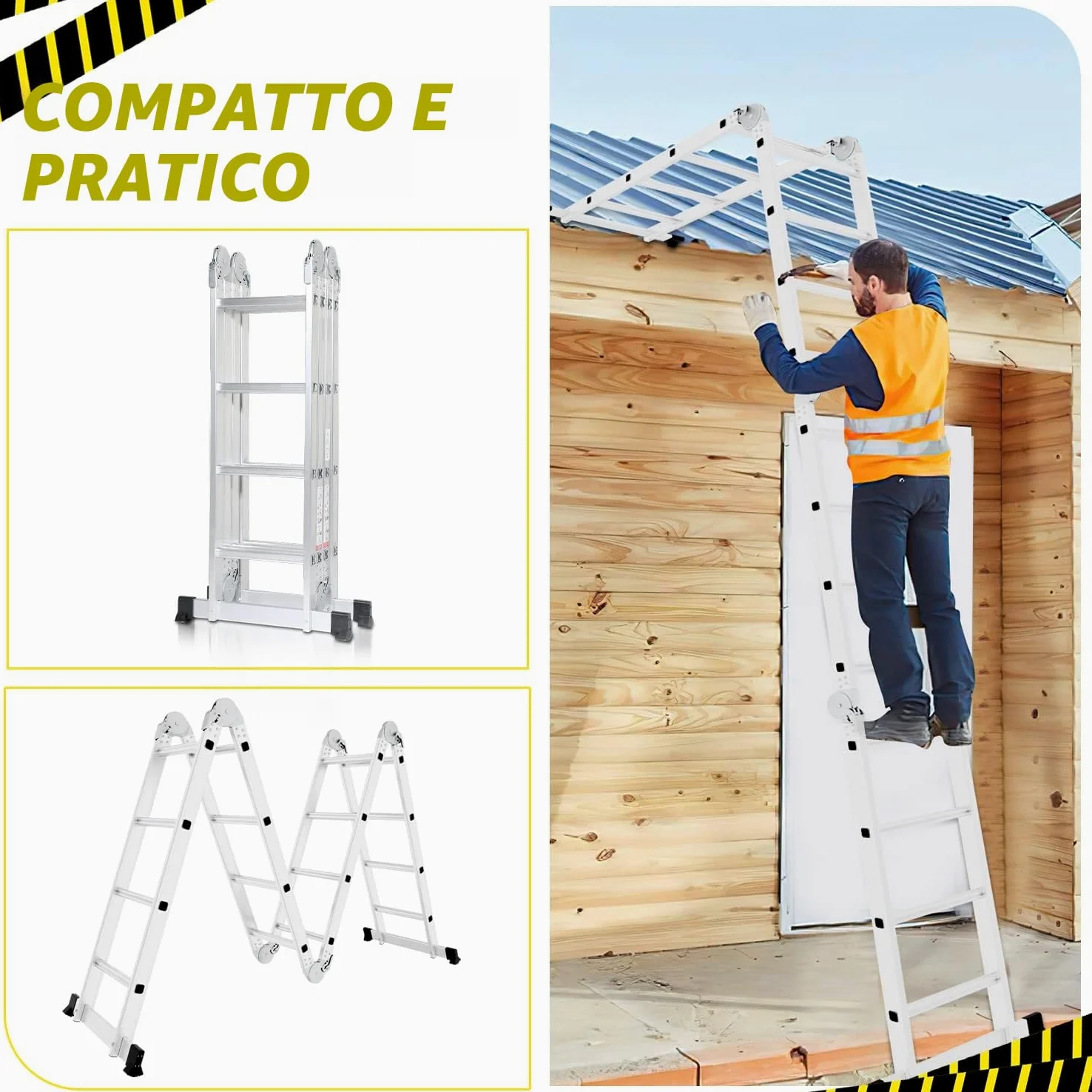 Herrselsam Scala multiuso 4 x 4, 7 in 1, 470 cm, in alluminio, con 2 piattaforme e ruote, portata massima 150 kg, scala multifunzione 16 pioli (DY8972-M-1x)