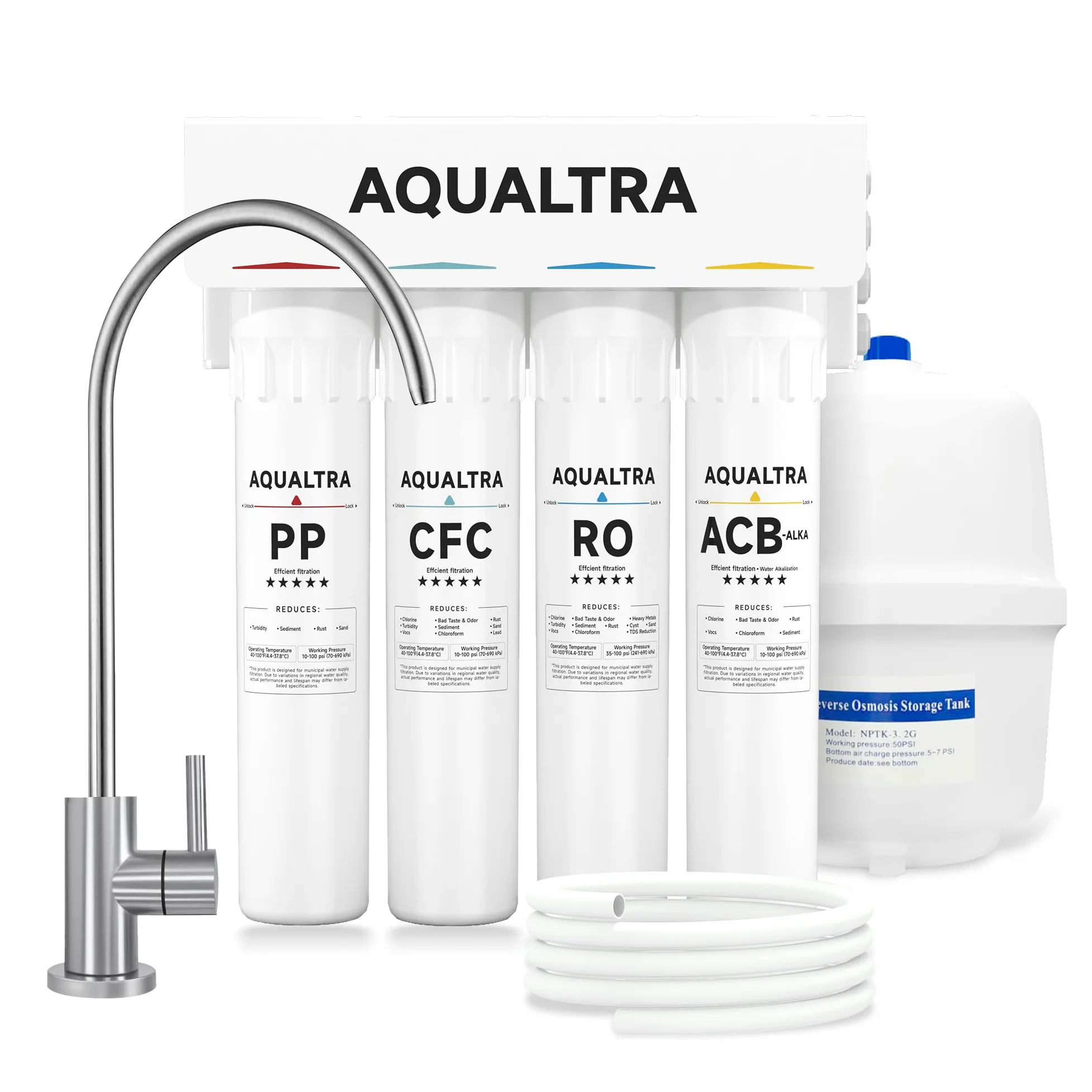 AQUALTRA USF-4RF-100 Depuratore Acqua Osmosi Inversa Sottolavello Alcalino pH+, Sistema di Filtrazione 0,0001μm, 100 GPD, Rapporto Acqua Pura/Scarto 3:1, con Rubinetto e Serbatoio Integrato