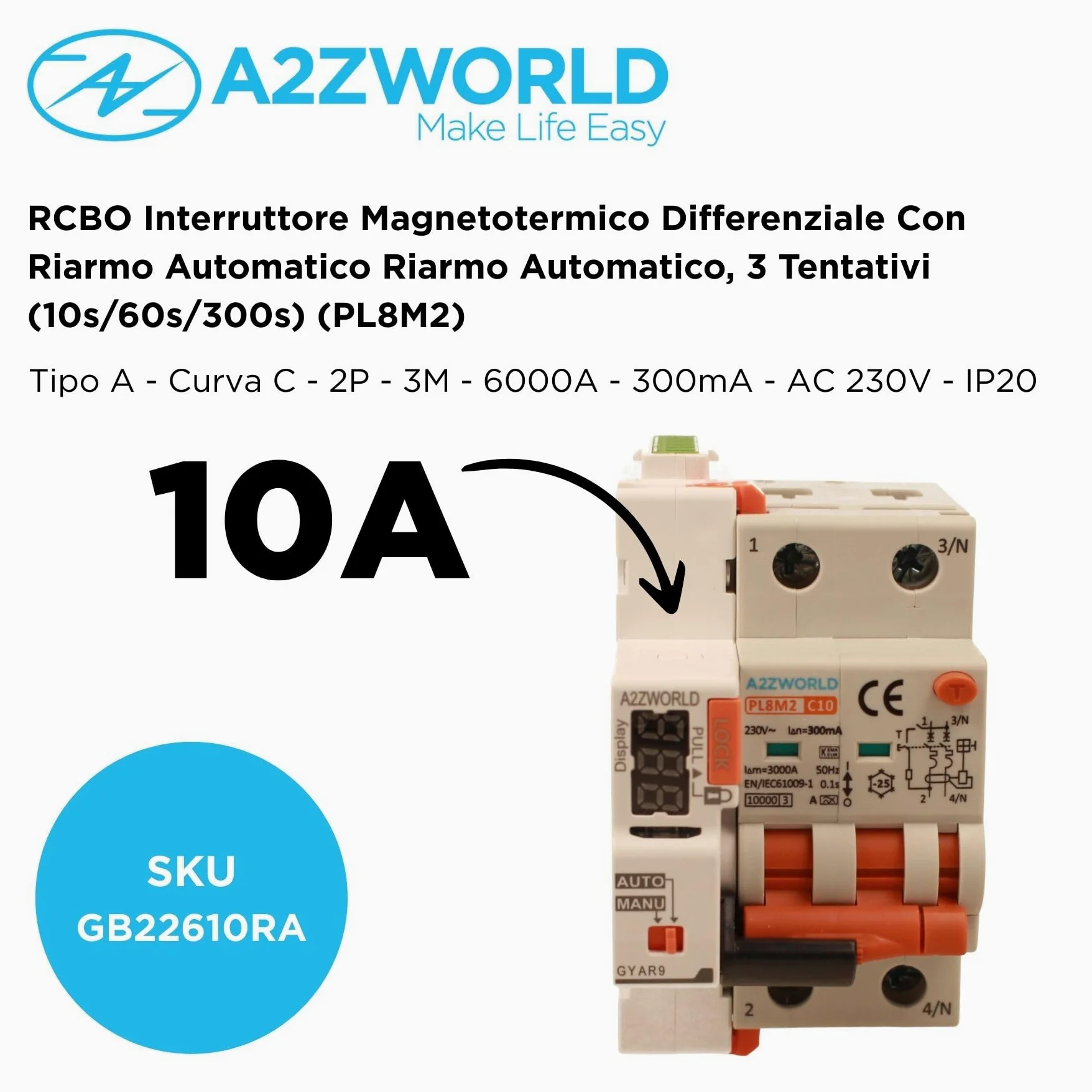 Interruttore Magnetotermico Differenziale Con Riarmo Automatico, RCBO Tipo A Curva C, Idn 300mA / 0.3A, In 20A, 2P Veri 6kA, 3 Moduli, con 3 Tentativi di Riarmo (10s/60s/300s)