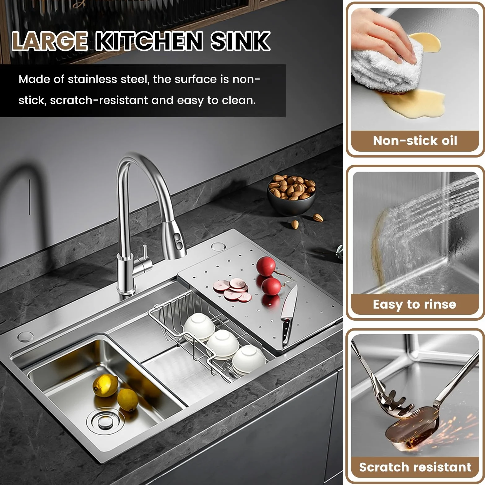 80x50cm Lavello Cucina In Acciaio Inox 304, Con Scolapiatti, Scheda Multifunzione, Filtro a Cestello, Sifone e Set Di Drenaggio, Uscita Di Scarico Destra, Da Incasso e Sottotop, 1 Vasca