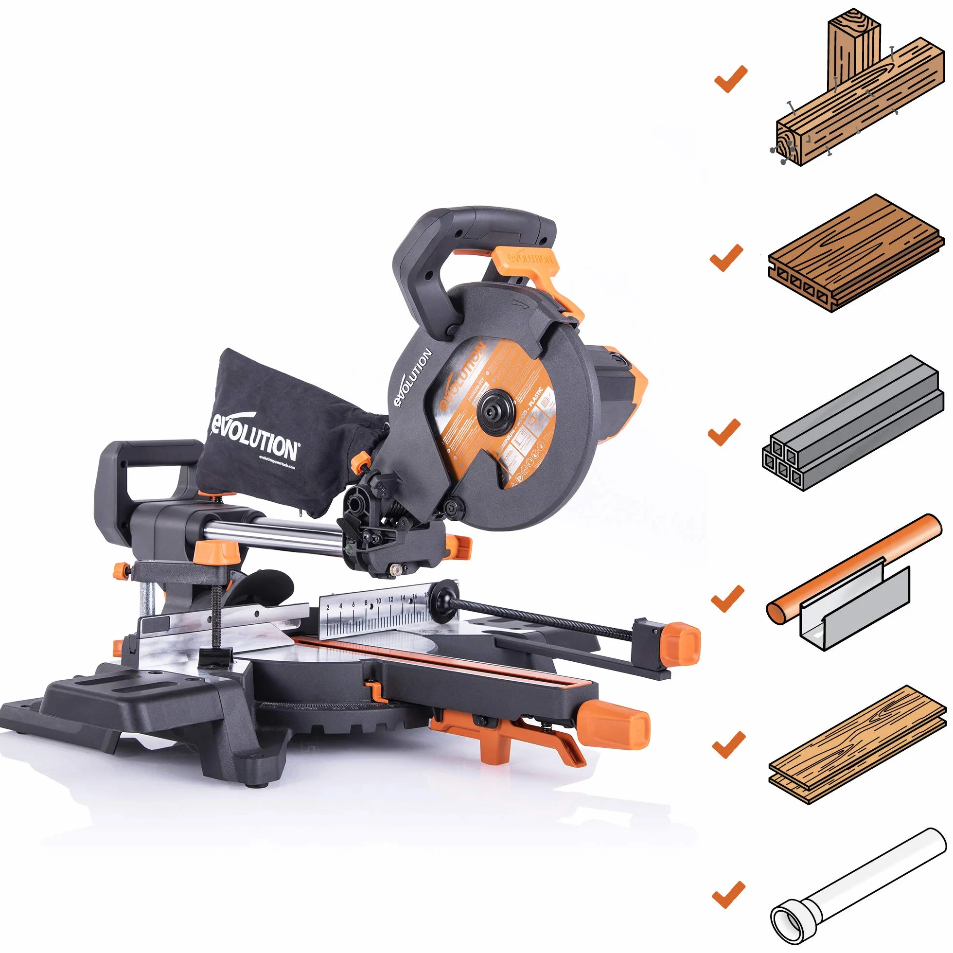 Evolution Power Tools 048-0032A R210SMS-300+ Troncatrice Radiale Scorrevole Multi-Materiale 210 mm con Pacchetto Plus, 230 V