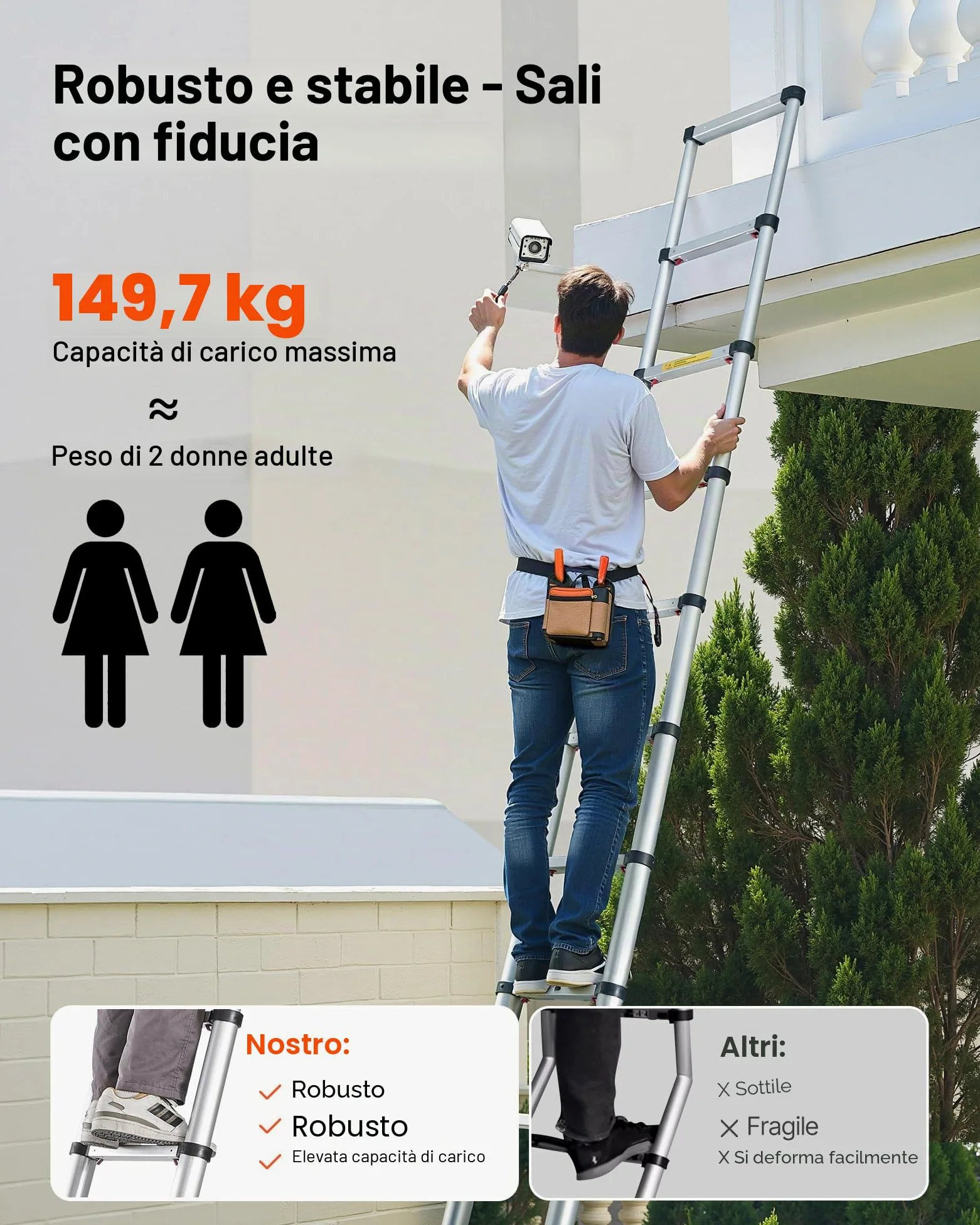 VEVOR Scala Telescopica da 3,8 m, Scala Estensibile Pieghevole Multiuso in Alluminio, Capacità Carico max. di 150 kg con Piedini Antiscivolo, per Casa, Lavori all'Aperto, Soffitta