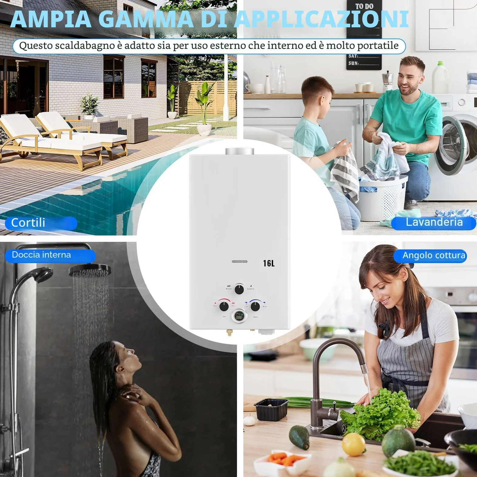 Scaldabagno a Gas 16L, All'aperto Portatile Scaldabagno Istantaneo a Propano con Display Digitale Multi-Protezione, Parete senza Serbatoio Scaldacqua Istantaneo Automatico, bianco