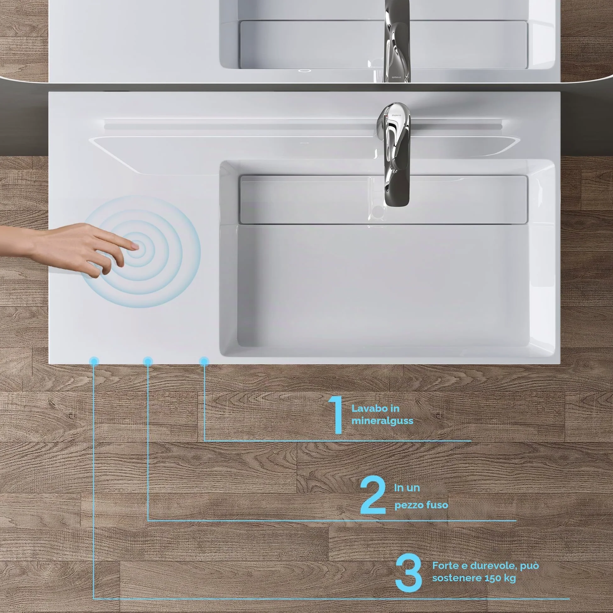 doporro Lavabo Bagno Sospeso Lavabo da Appoggio Rettangolare in Marmo Resina Bianco Lucido, Vasca a Destra 75x43x14 cm con 1 Foro Rubinetto e Piletta Scarico, Colossum12