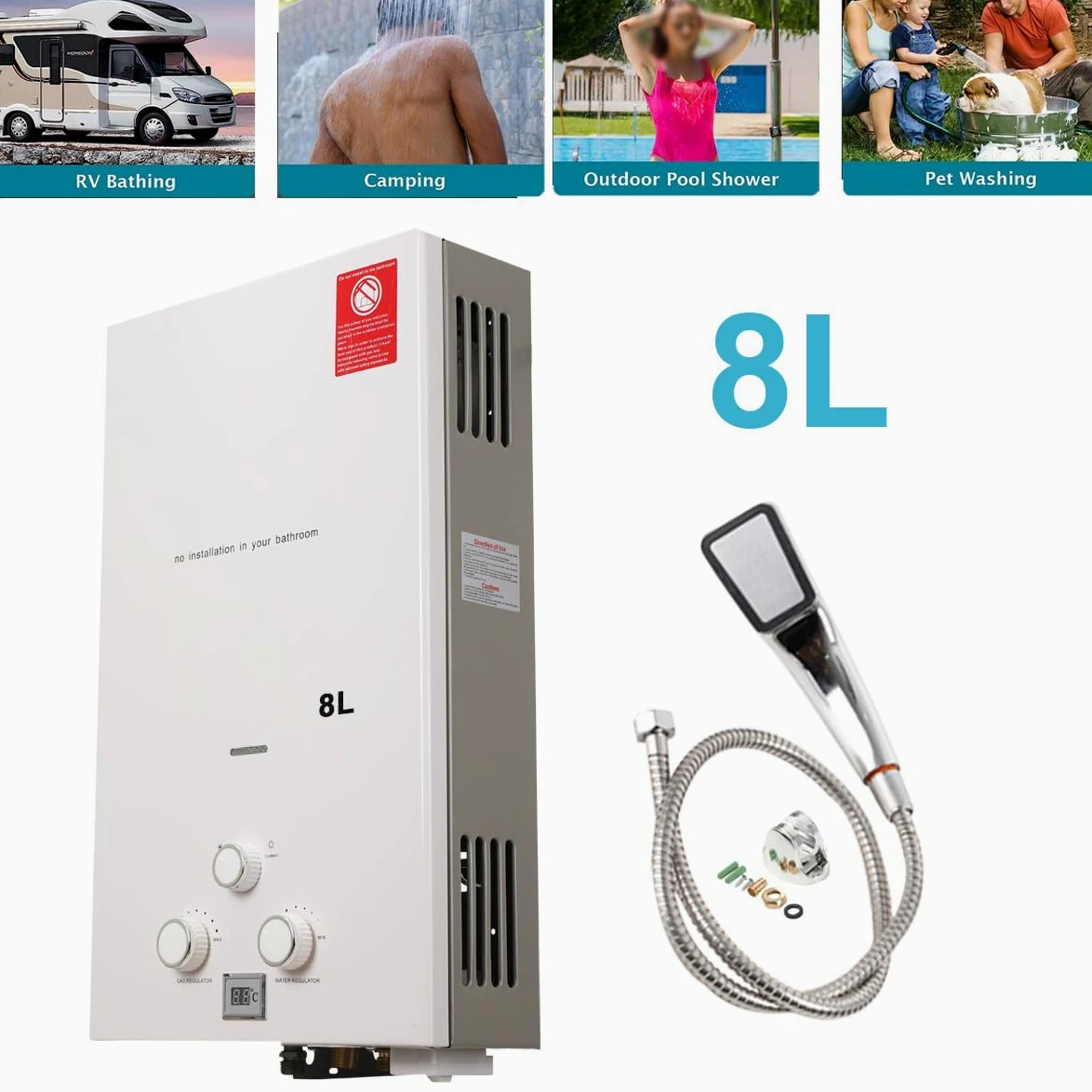 8L 16KW GPL Scaldabagno a Gas, Gas a Parete senza serbatoio Scaldabagno istantaneo,con kit doccia e Display a LED,con Modalità Inverno ed Estate,Per Casa, Camper ed Esterni,bianco