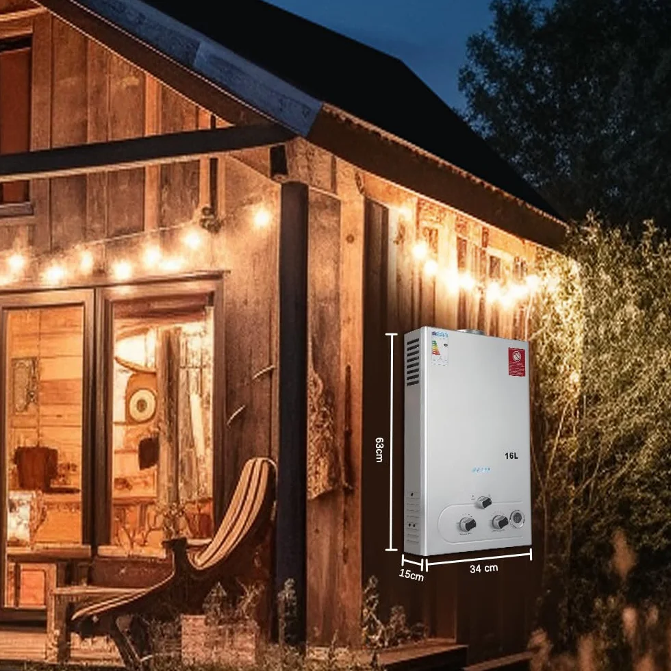 Scaldabagno a Gas 16LPM, Scaldabagno Gas GPL 32KW, Funziona a Bassa Pressione dell'Acqua con Propano e Butano, Adatto per Case Camper Cabine Esterno