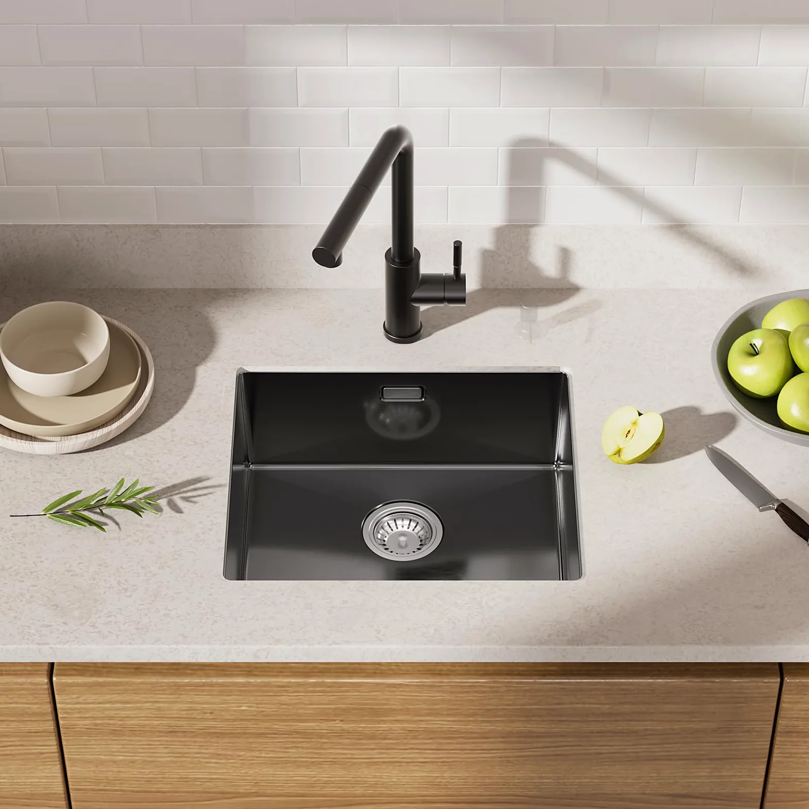 CECIPA Lavello Nero Antracite 50x44cm, Lavello Cucina in Acciaio Inox Angolare, Lavello Cucina in Acciaio Inox Lavello da Incasso Piccolo incluso Sifone, Lavabo Cucina da 50cm di Altezza senza