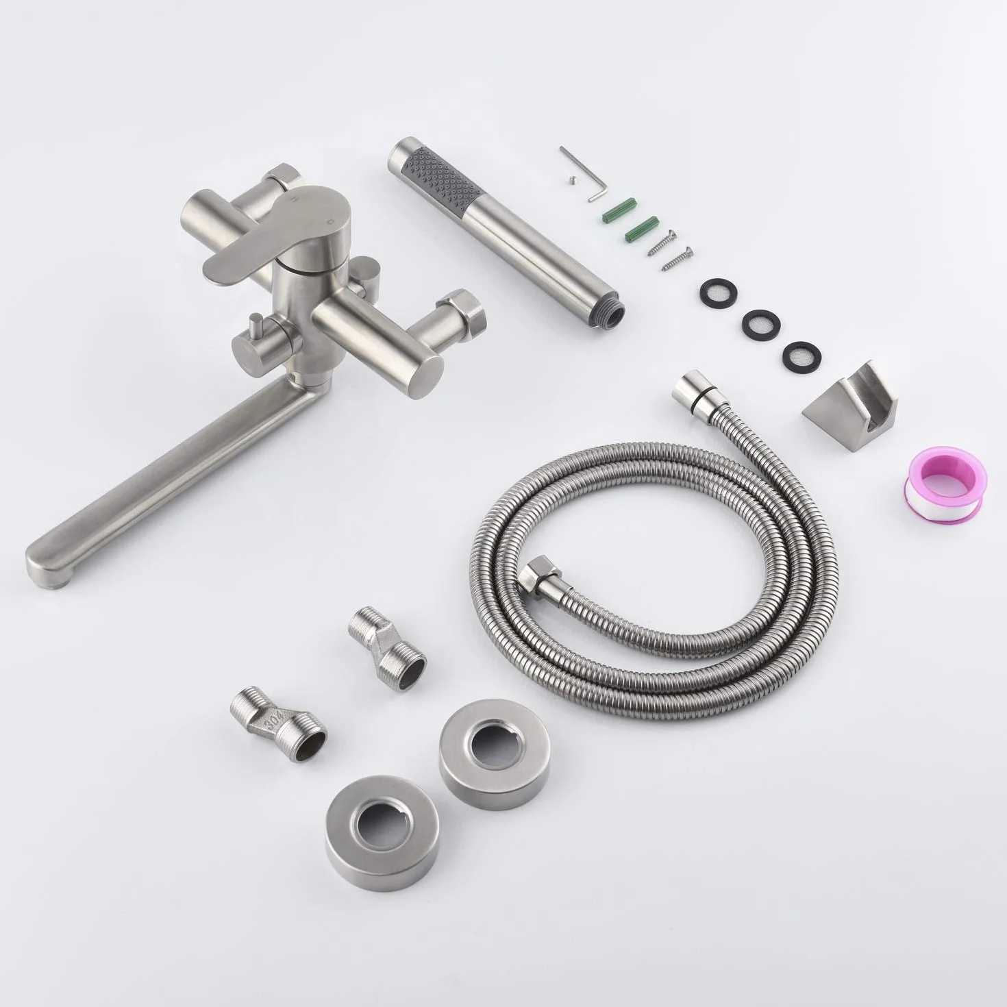 HomeLava Rubinetto per Vasca da Bagno con Doccetta Miscelatore Monocomando da Parete in Acciaio Inox Spazzolato con Deviatore Miscelatore Monocomando con Tubo Doccia da 1,5 m.