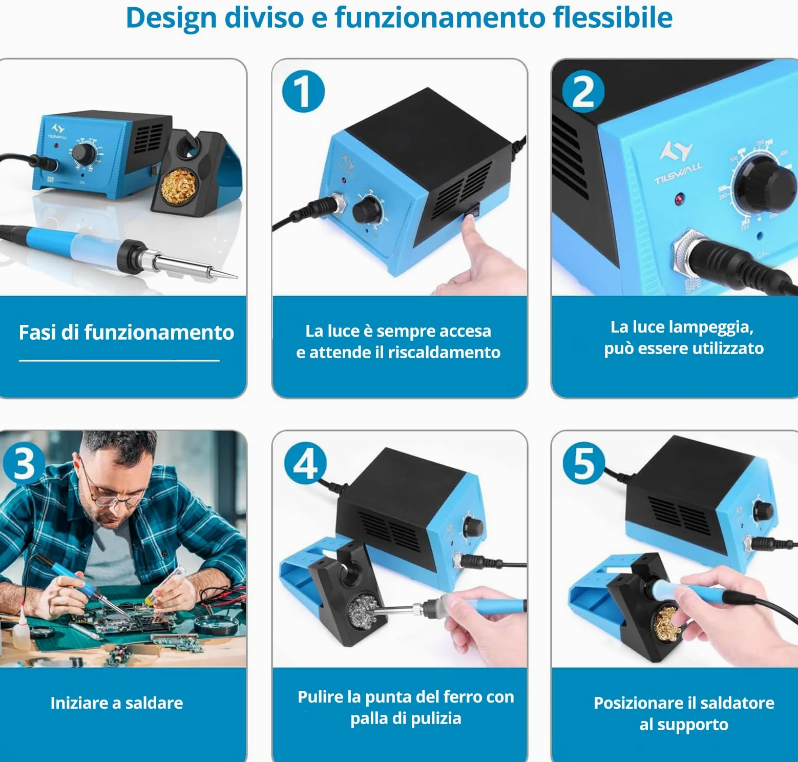 Tilswall Stazione Saldante 65W, Saldatore a Stagno Professionale con Controllo Intelligente della temperatura 200℃-480℃, Kit Saldatura Stagno con 5 Punte per Elettronica per Hobby, Principianti