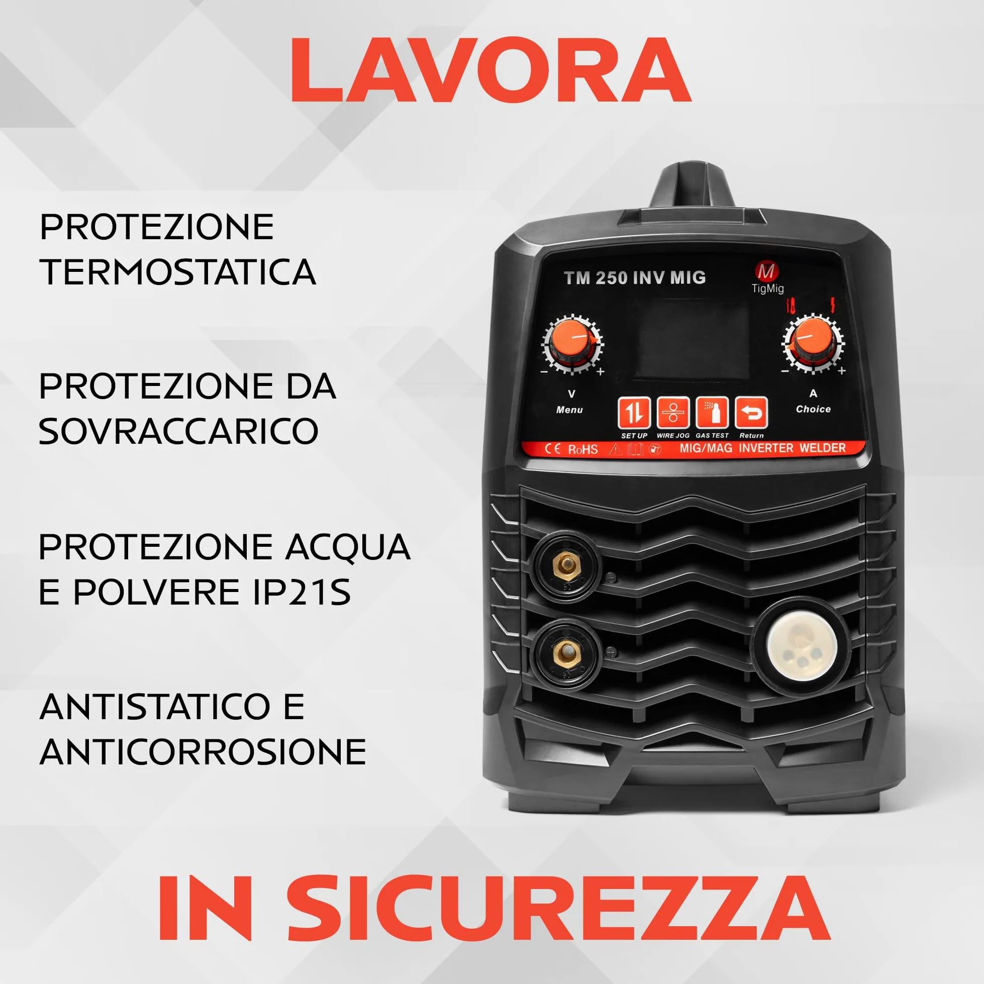 TIGMIG Saldatrice Inverter MIG/MAG (Con o Senza Gas) + FLUX (Filo animato) + MMA, Fino a 200A, Modello TM250INVMIG, Inverter IGBT, Accessori inclusi, Garanzia e Assistenza Italia