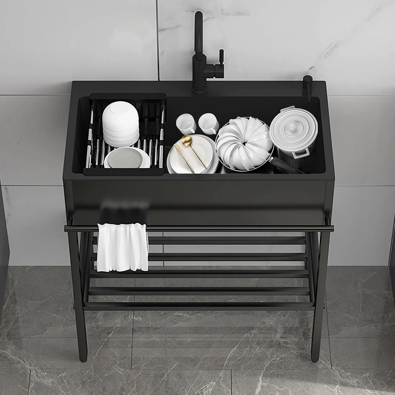 Lavello da Cucina Multiuso Singola Ciotola in Acciaio Inox Commerciale con Rubinetti, Lavandino Autoportante per Lavaggio e Preparazione, Ideale per Interni ed Esterni, Lavandini per Utilità in