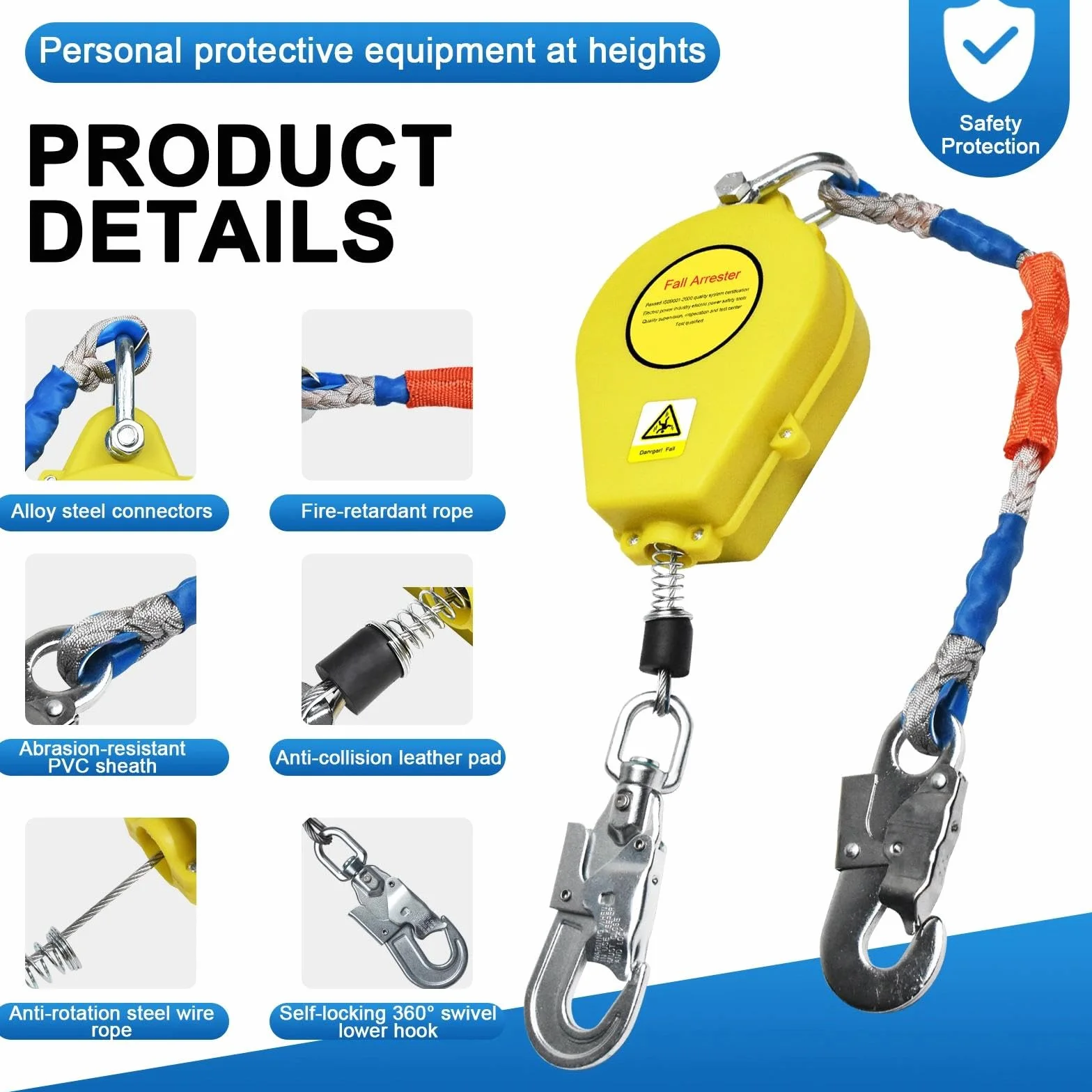 Dispositivo Anticaduta Retrattile Certificato CE, Dispositivo di Sicurezza Anticaduta con Gancio Girevole a 360°, Anticaduta a Richiamo Automatico per Lavori ad Alta Quota, 150kg(Giallo,20m)