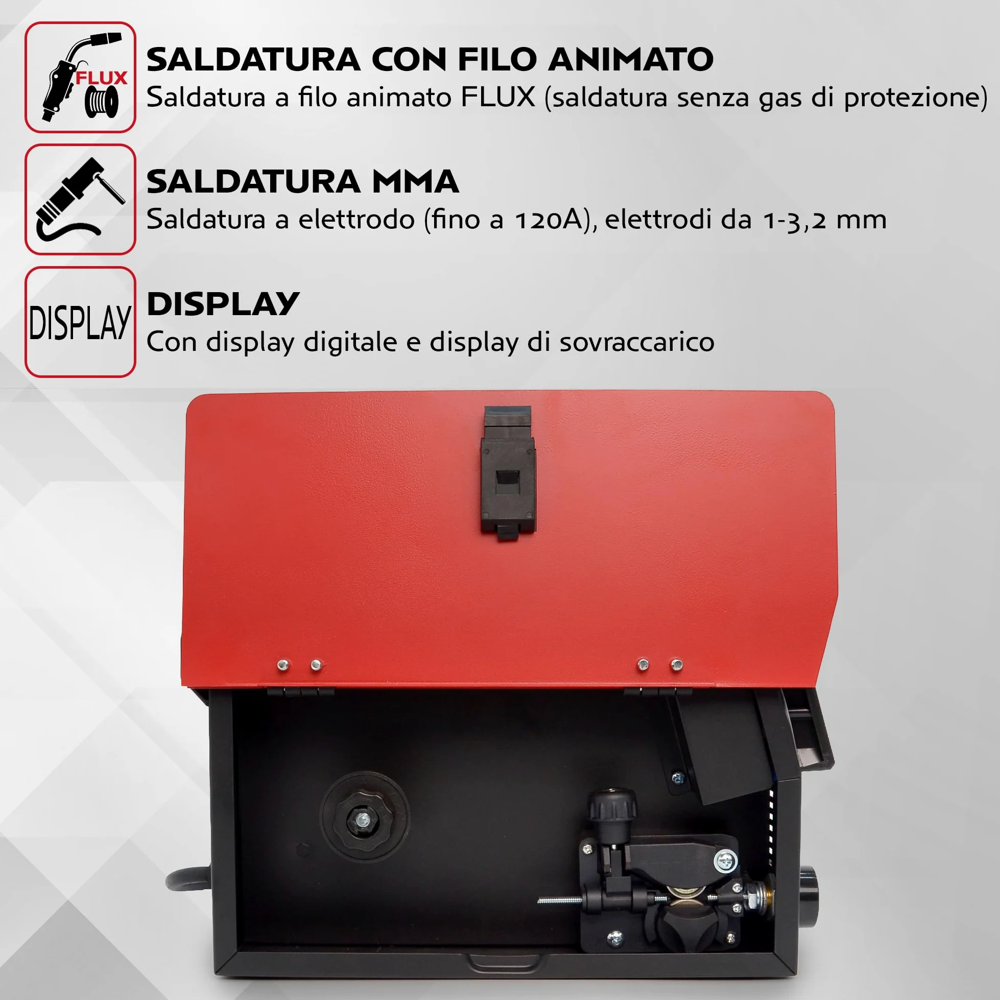 TIGMIG Saldatrice Inverter Filo Continuo FLUX NO GAS + MMA Elettrodo, Mod. TM135INVMIG, Per Filo Animato ⌀0,8/1,0mm, 120A, Inverter IGBT, Inclusa bobina 0,8mm da 0,45kg, GARANZIA e ASSISTENZA ITALIA