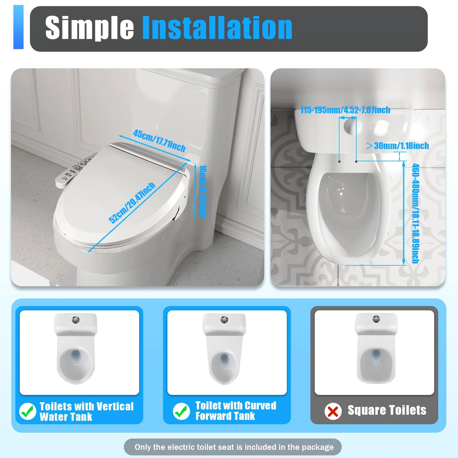 WC intelligente elettrico, toilette con dispositivo di pulizia deodorizzazione automatica temperatura regolabile massaggio intelligente per casa di cura hotel, bianco