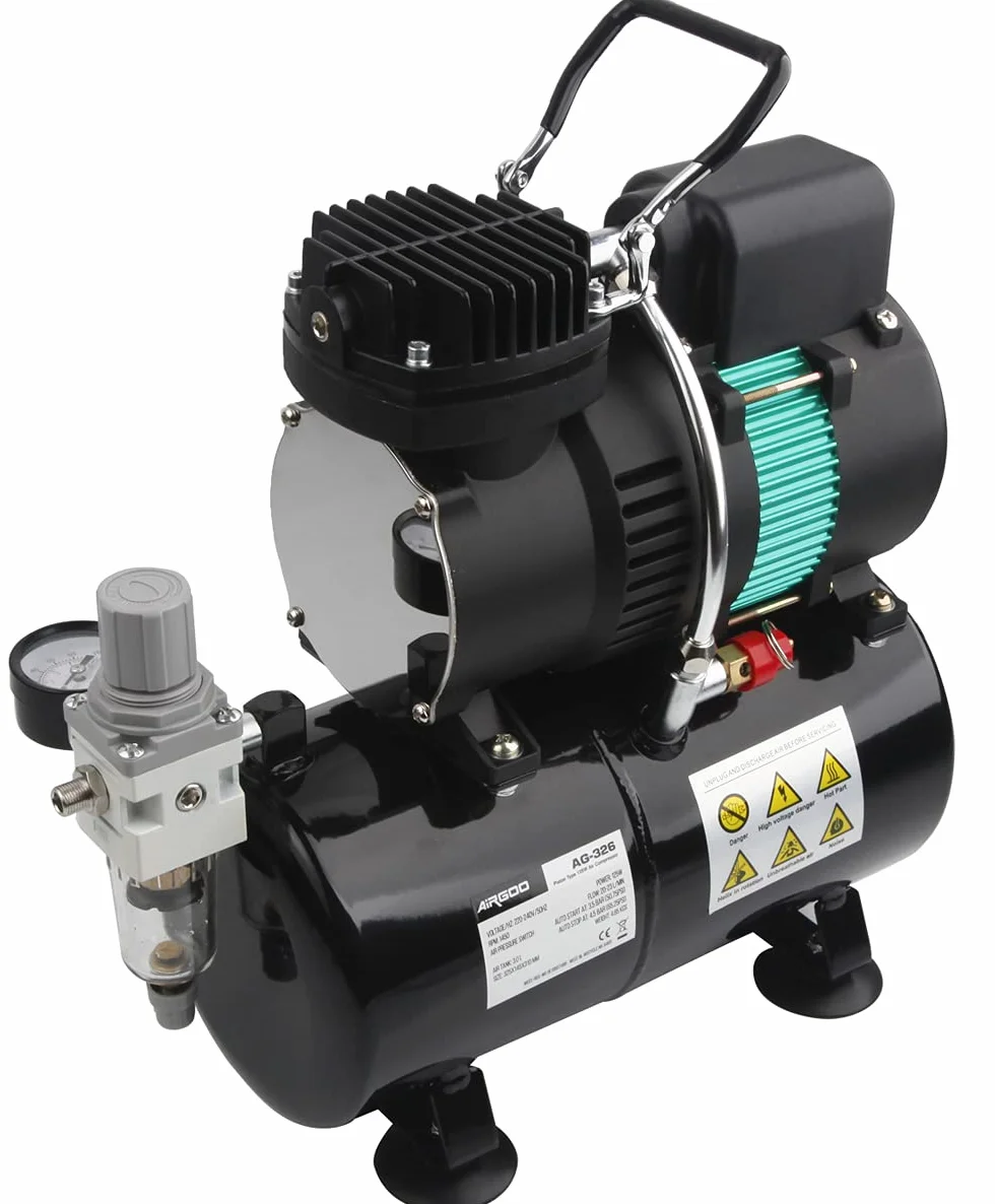 Airgoo Compressore per aerografo Lusso AG-326 con due ventole di raffreddamento e serbatoio dell'aria da 3 l, regolatore, trappola idratante per,tatuaggio, grafica e così via