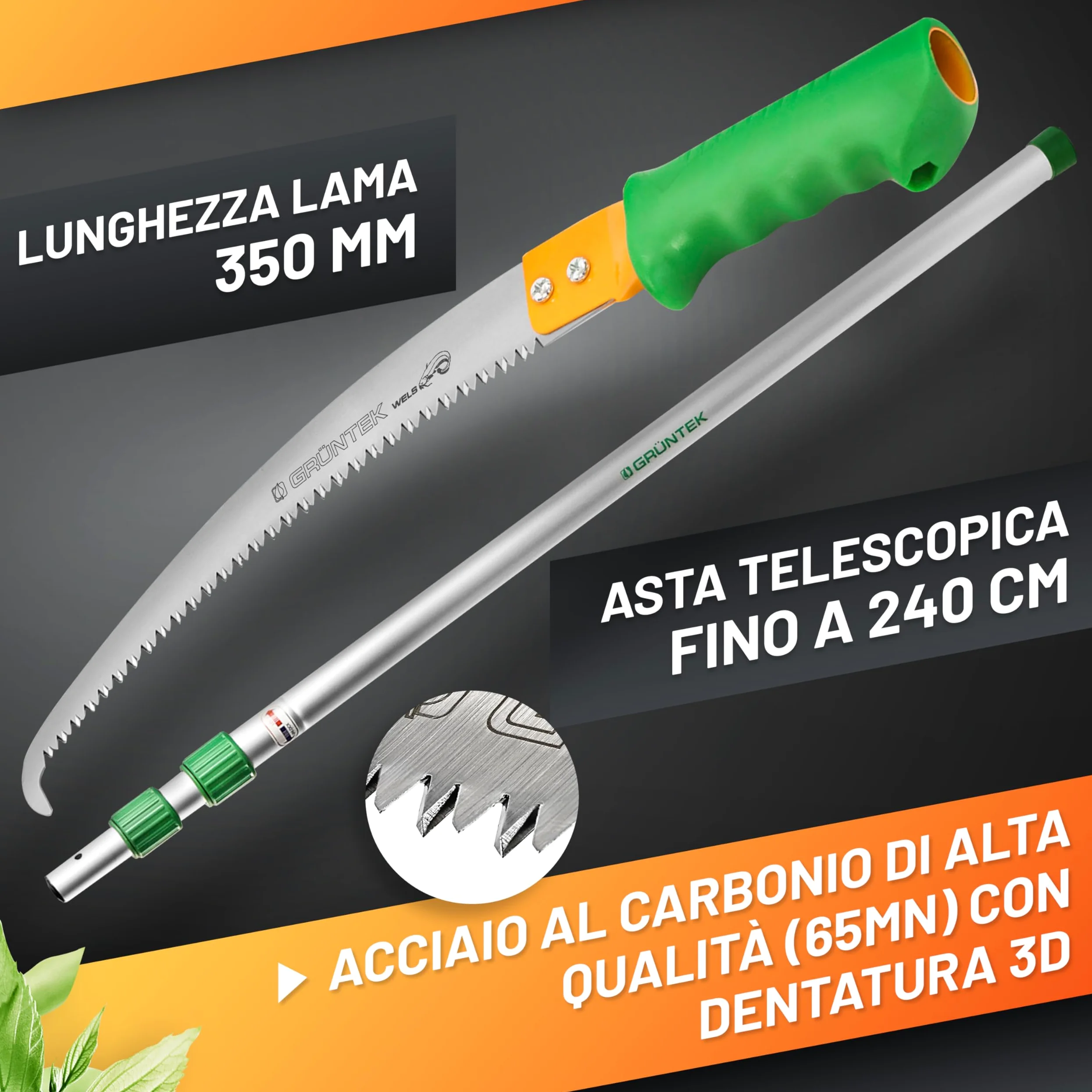 GRÜNTEK Seghetto per Potatura con Pertica Telescopica 100-240 cm. Sega da Giardino Compatibile con svettatoio B096Y5T5VT