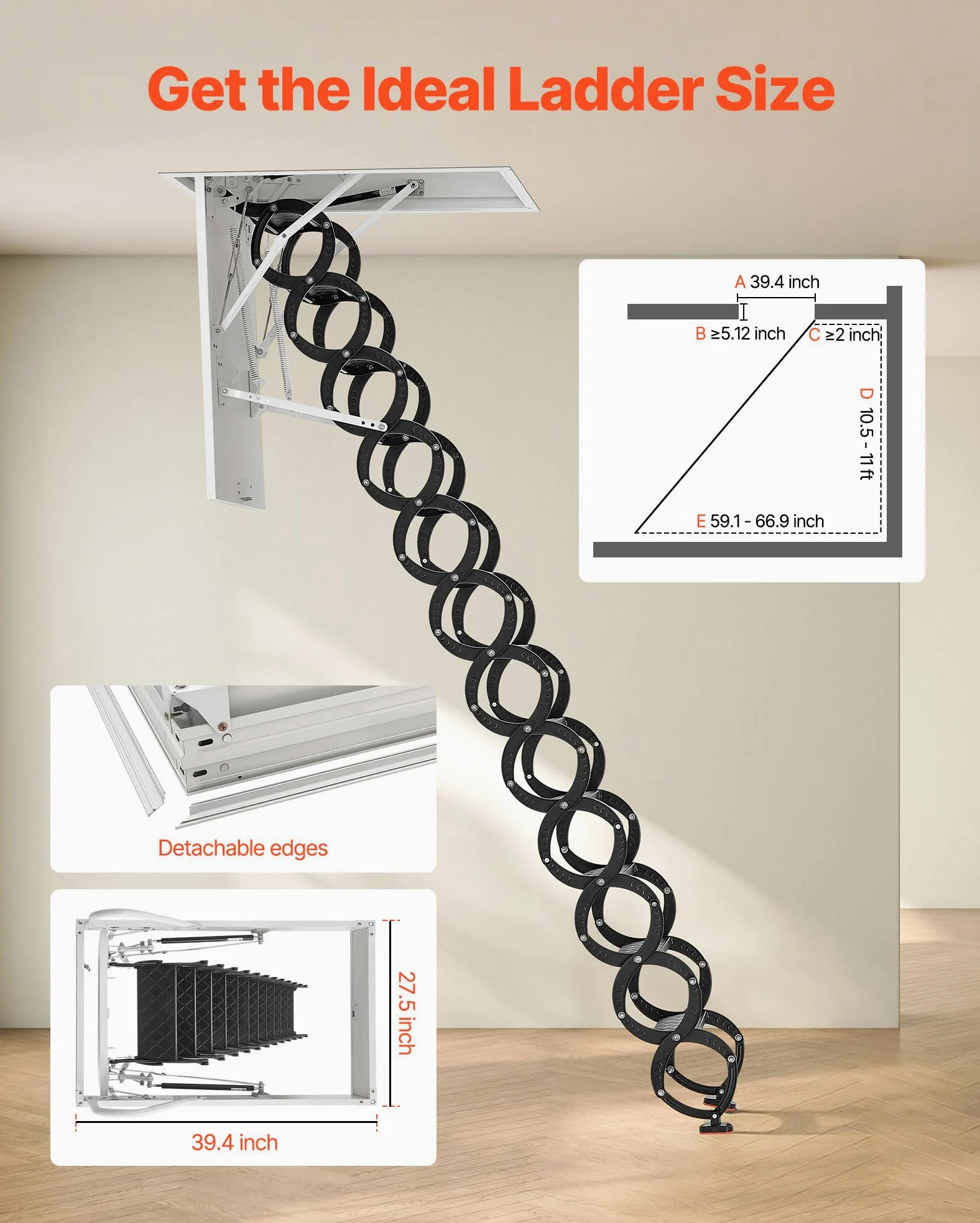 VEVOR Scala per Soffitta, Capacità di Carico 299,4 kg Scala Pieghevole in Acciaio Legato, per Soffitti Alti da 3,2 a 3,35 m e Dimensioni di Apertura di 1000,76 x 698,5 mm con Asta di Trazione
