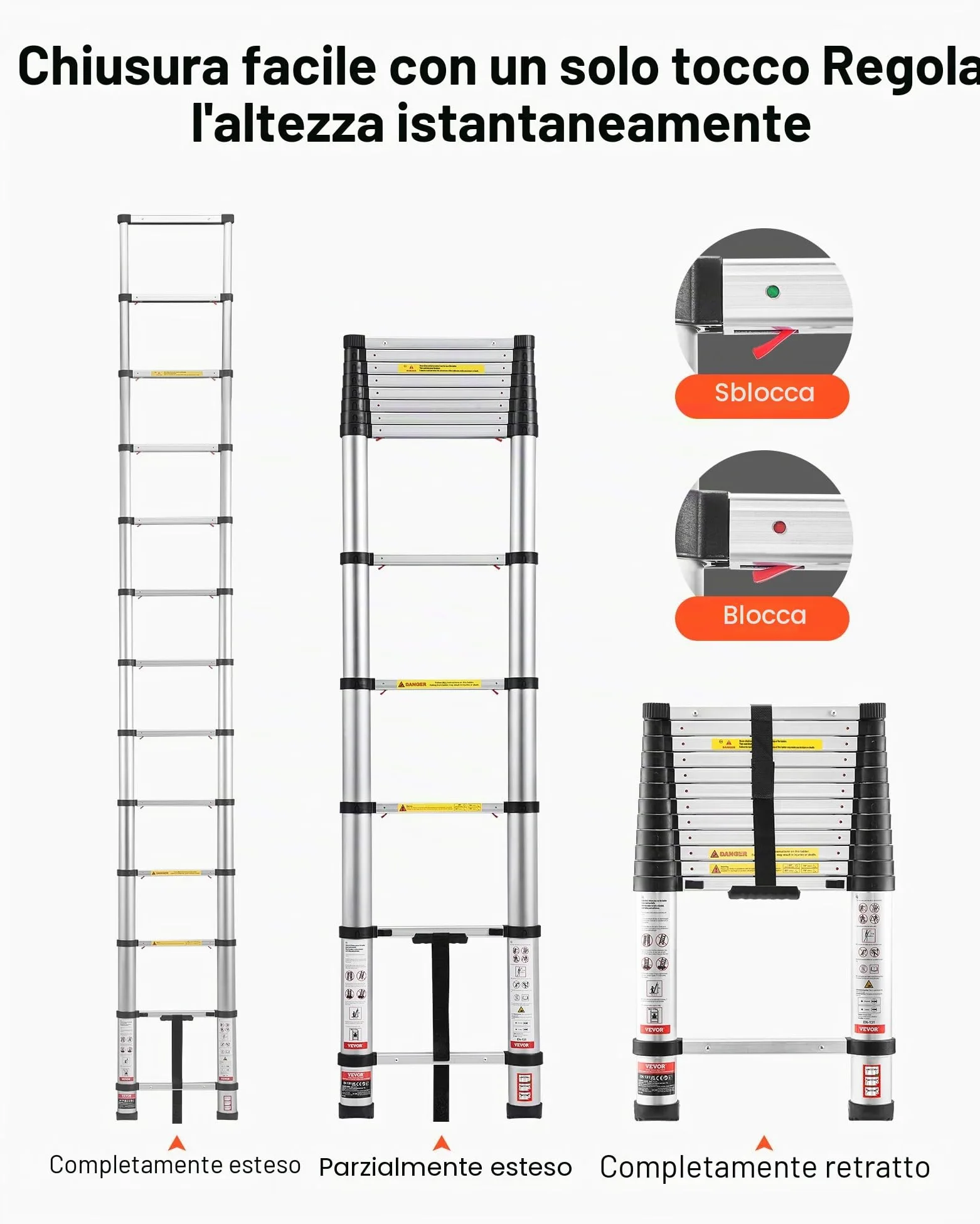 VEVOR Scala Telescopica da 3,8 m, Scala Estensibile Pieghevole Multiuso in Alluminio, Capacità Carico max. di 150 kg con Piedini Antiscivolo, per Casa, Lavori all'Aperto, Soffitta