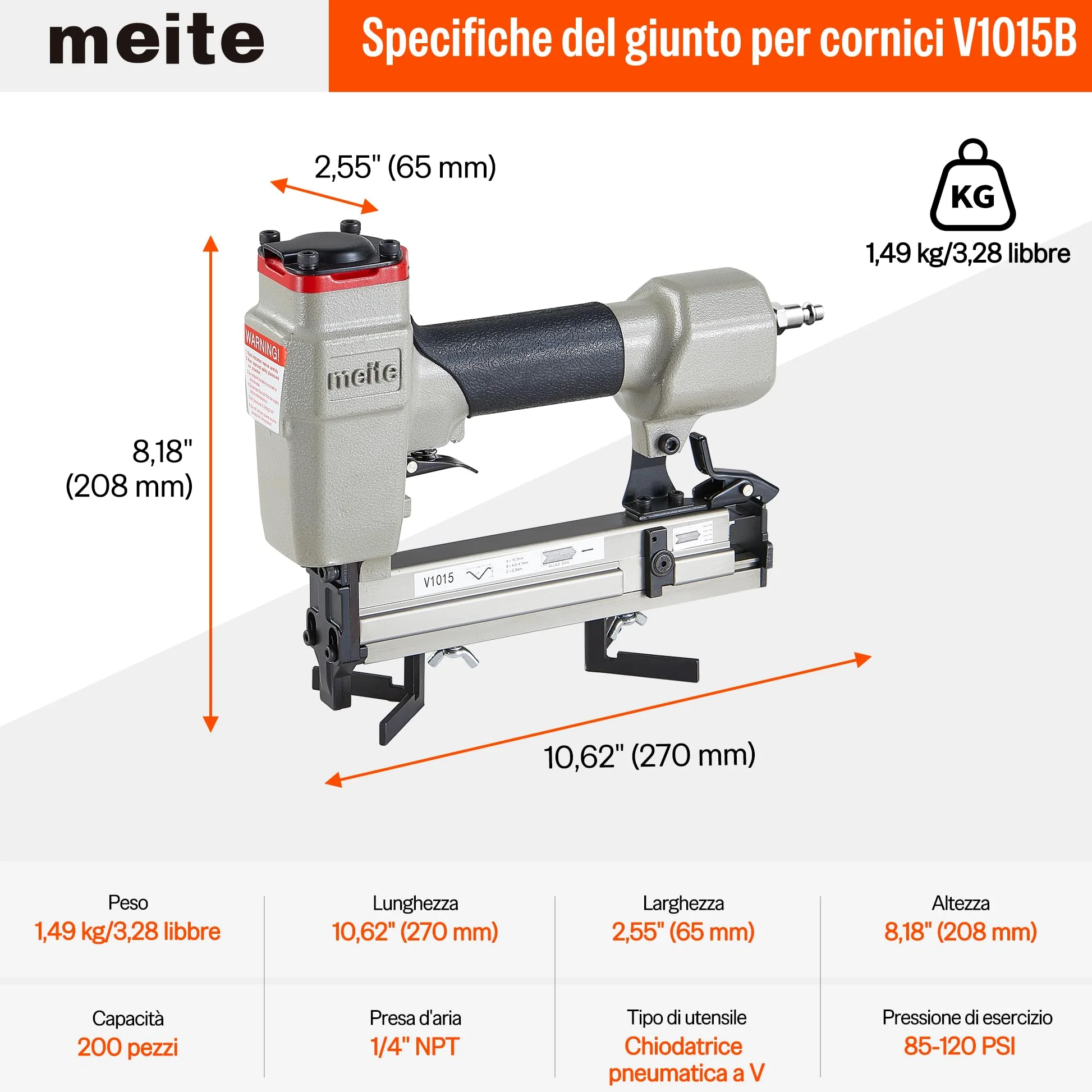 meite V1015B Chiodatrice Pneumatica a V per Cornici, Unisci-Cornici ad Aria Compressa per Cornici da Quadro, Compatibile con Chiodi a V da 7 a 15 mm