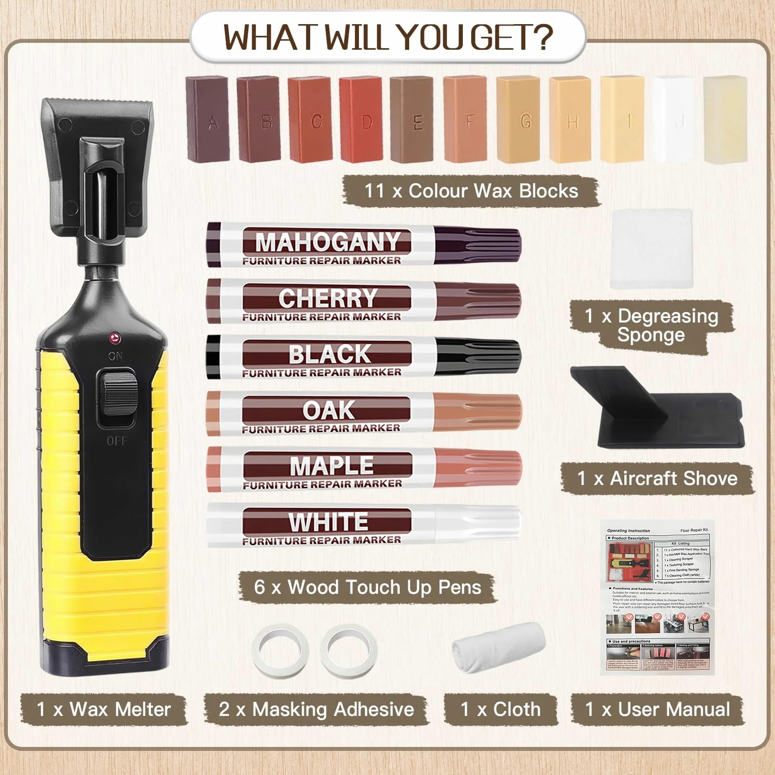 Set Di Riparazione per Piastrelle, Kit Riparazione Piastrelle con 11 Colori Cera Dura, 6 Pennarelli Riparazione Mobili, Pennarello Fondente e Accessori, Stucco Legno per Laminato, Mobili, Piani Lavoro
