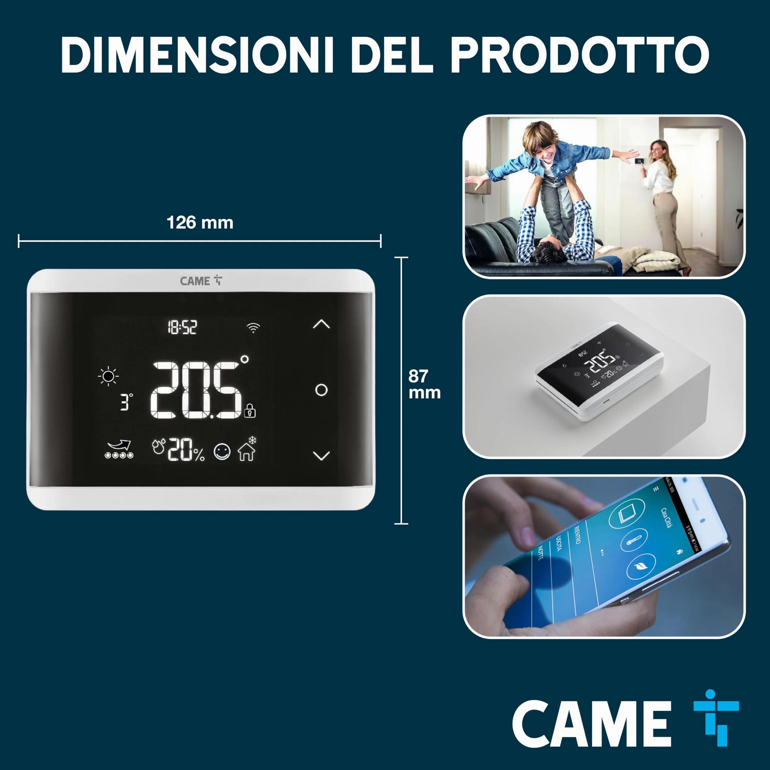 CAME Cronotermostato TH/750 Digitale Wi-Fi da Parete, Doppio Relè per Riscaldamento e Climatizzazione, Compatibile con Alexa e Google, Alimentazione 230 V AC, Bianco