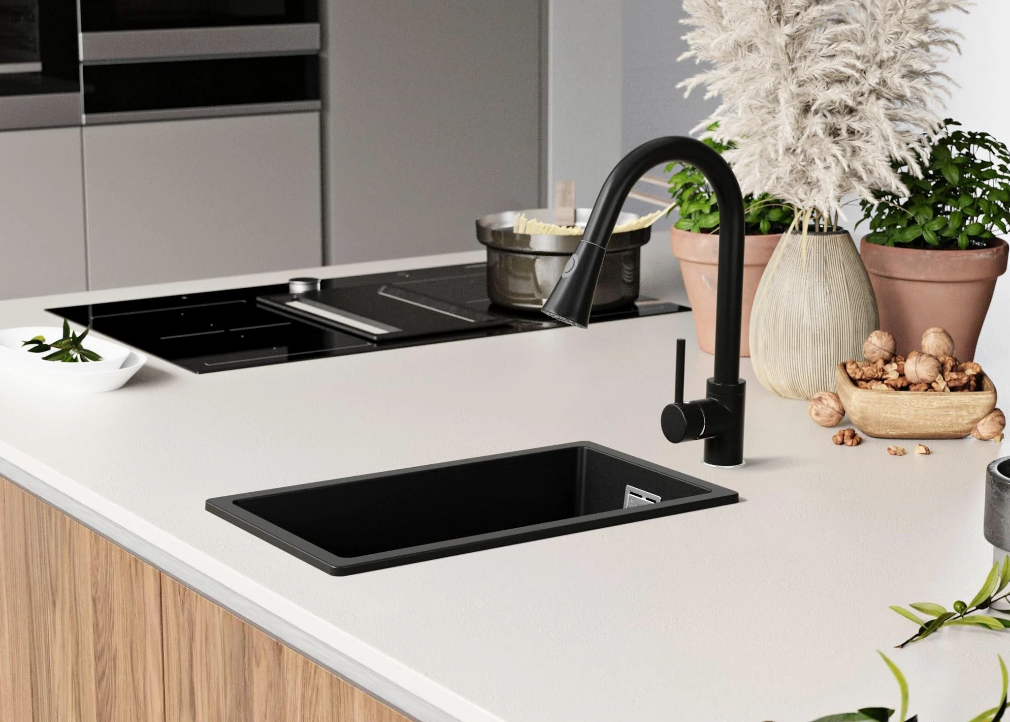 PRIMAGRAN Lavello da Cucina Nero 26x47cm, Lavandino in Granito a 1 vasca + Sifone Classico, Lavabo da Cucina Incasso al Mobile 30cm - London Slim S001