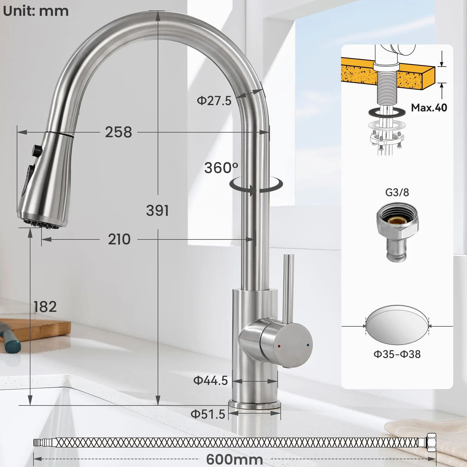 CECIPA 70x45 cm Lavello Cucina con Arco Rubinetto Cucina Estraibile, Lavandino Cucina 1 Vasca in Acciaio Inox con cestello scolapiatti, per Mobile da 70cm