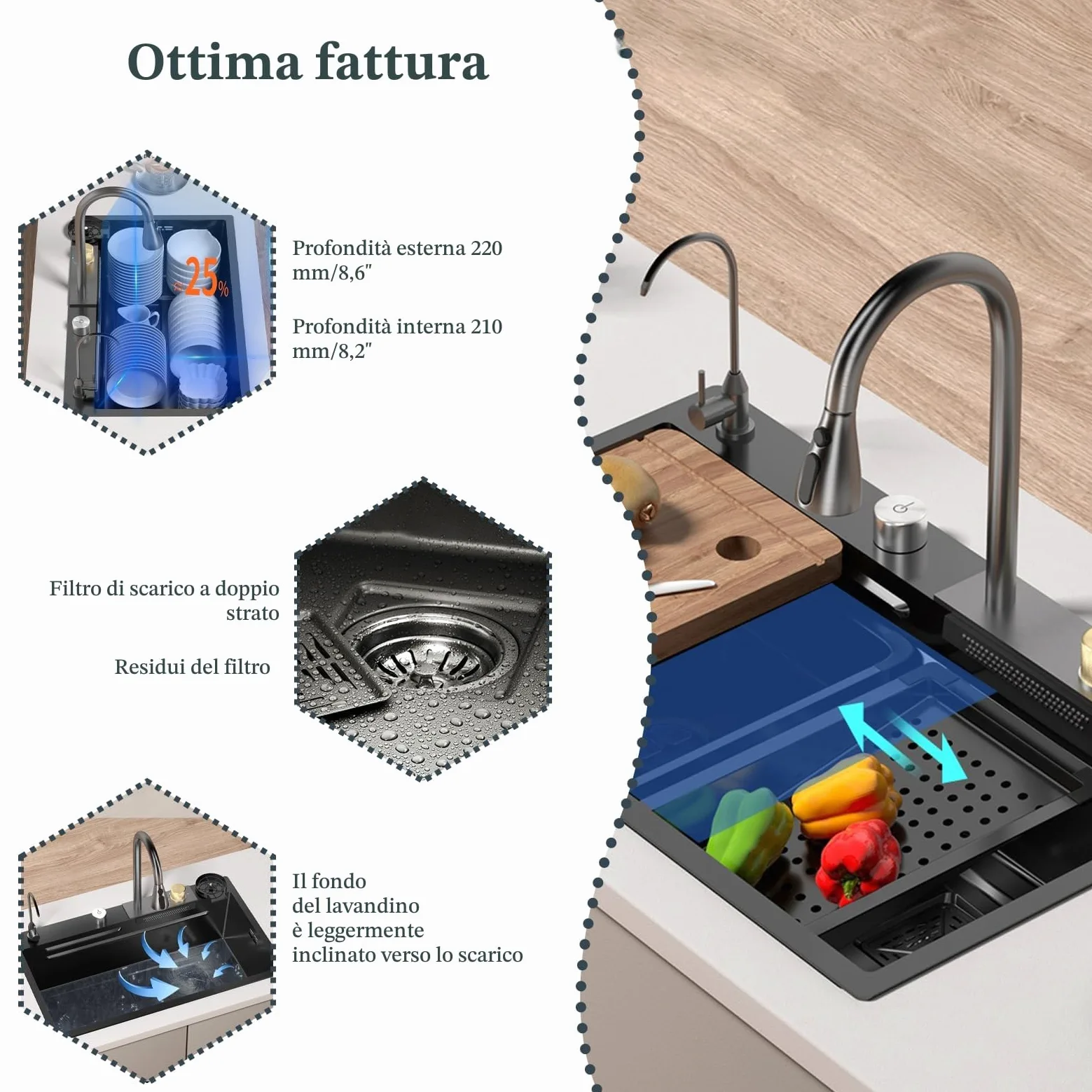 Lavandino da cucina con superficie di lavoro, 80 x 45 cm, dotato di rubinetto a cascata, in acciaio inox, per uso domestico, con idropulitrice, tagliere, scolapiatti e accessori
