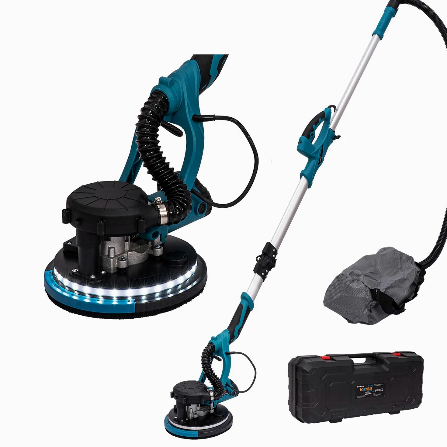 KATSU Tools Levigatrice Elettrica per Cartongesso 800W con Manico Telescopico Pieghevole, Aspirazione Automatica della Polvere, Luce LED, Velocità Variabile, Dischi Abrasivi 225mm, in Valigetta