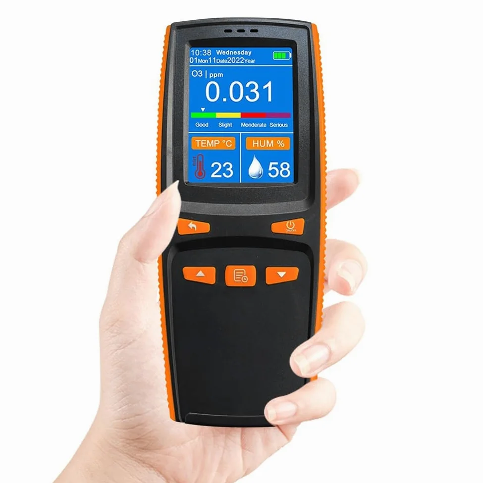 Rilevatore misuratore di ozono in tempo reale, analizzatore di ozono portatile con rilevamento di temperatura e umidità, misuratore di ozono con sensore intelligente portatile, schermo LCD da 2,8"
