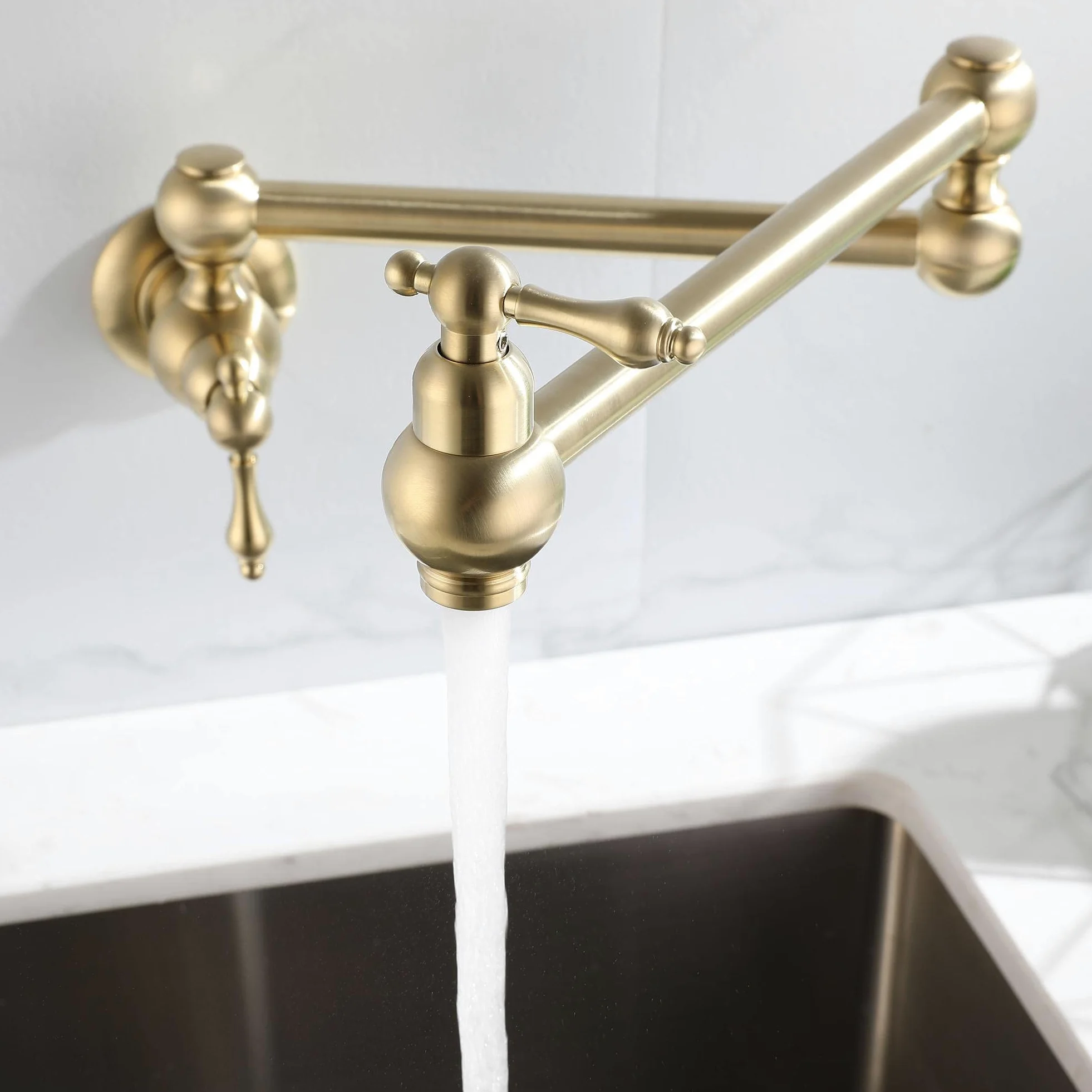 HomeLava Rubinetto da cucina a parete riempitore per pentole, Rubinetto a muro in ottone, 360° Girevole Rubinetto pieghevole estensibile doppio snodo, 2 Maniglie