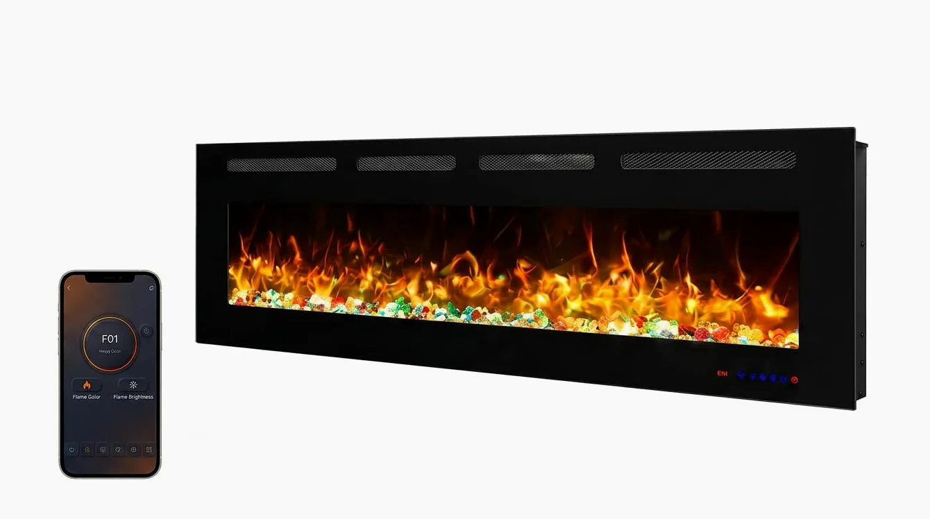 Camino Elettrico da Parete Weka Fireplace Wi-Fi, Ultrasottile, Profondo 7,5 cm, Vetro Temperato, Telecomando e Touch Screen, Riscaldatore da 750/1500 W, Effetto Fiamma Regolabile (127 cm WiFi New)