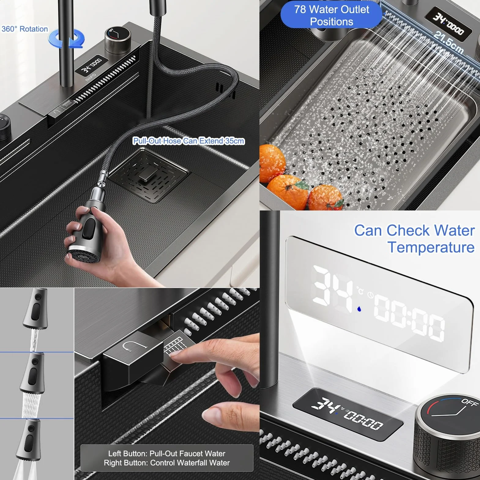 85x45cm Lavello da Cucina In Acciao Inox Da Appoggio Nanorivestito, Lavello da cascata nero con Rubinetto Estraibile, lavello da cucina multifunzione, Lavello per Lavastoviglie Domestico
