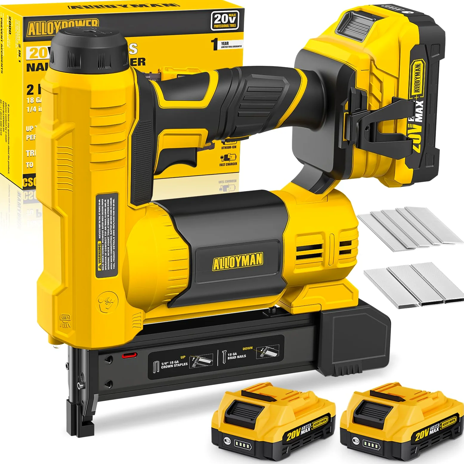 Alloyman 20V MAX Sparachiodi Chiodatrice Brad a Batteria, 2-in-1 18GA Pistola Sparachiodi Elettrica Calibro, 1000 chiodi e 500 punti metallici inclusi, per fai da te e lavori in legno