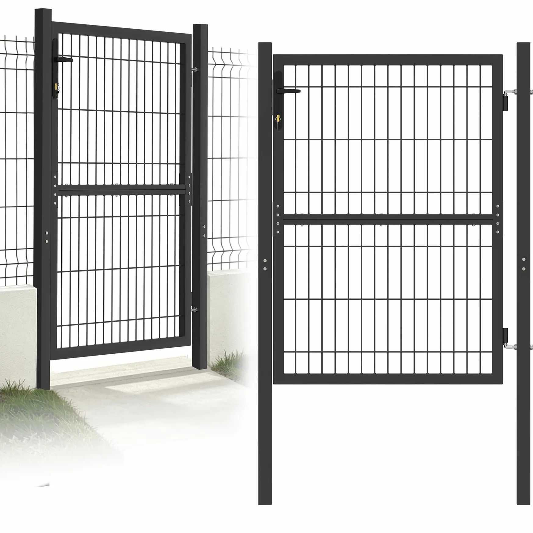 Froadp Cancelli da giardino a battente da 125 x 100 cm, zincati singoli, con pali della porta, maniglie in plastica e serratura a incastro, per giardini, magazzini, cantieri (antracite)