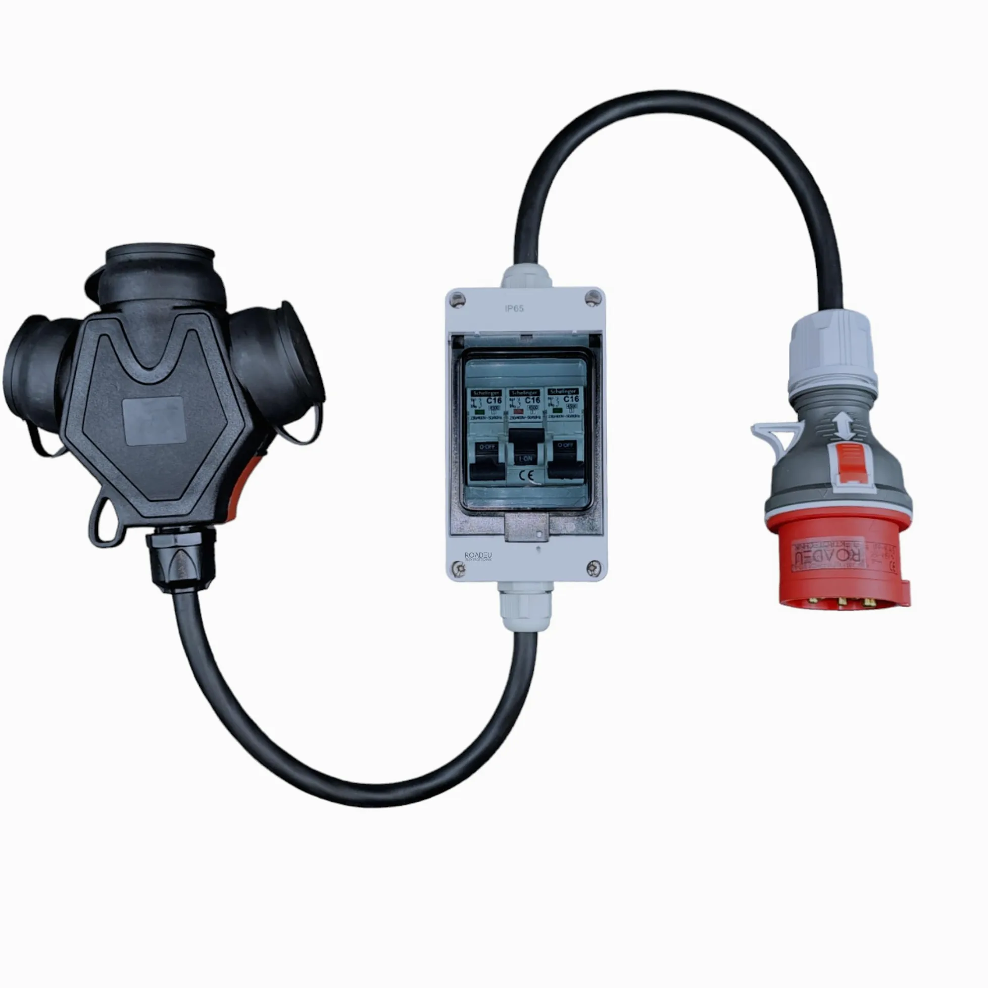 RoadEu - Adattatore ad Alta Corrente con Interruttori. Spina 16A, presa 3x 220V. Scatola fusibili con Interruttore automatico C16A. Prolunga 1m, Ideale per il garage il capanno o il giardino