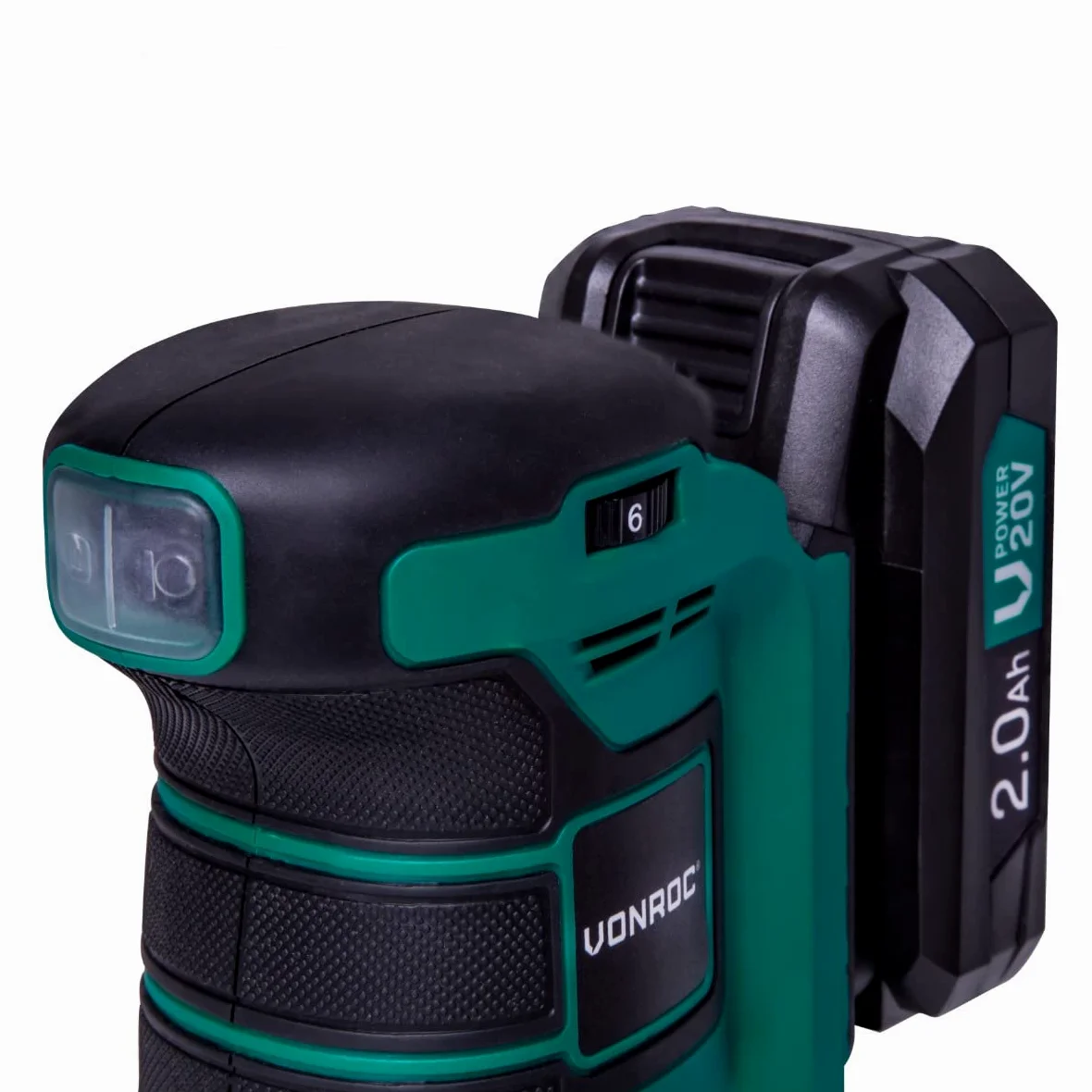 VONROC Levigatrice orbitale VPOWER 20V - Ø125mm. Include 2 batterie da 2.0Ah, caricabatterie, sacchetto raccolta polvere e 12 pezzi di carta abrasiva