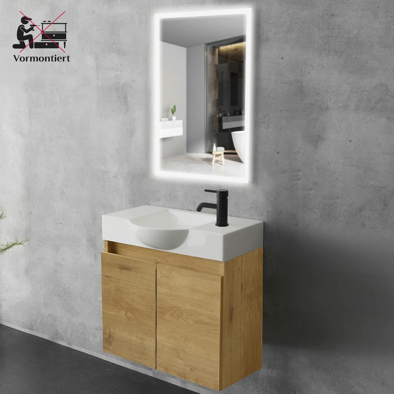 Alpenberger - Lavabo con mobiletto, larghezza 55 cm, lavabo con mobiletto da bagno, moderno set | piccolo lavandino per ospiti, mobiletto da bagno (rovere naturale)