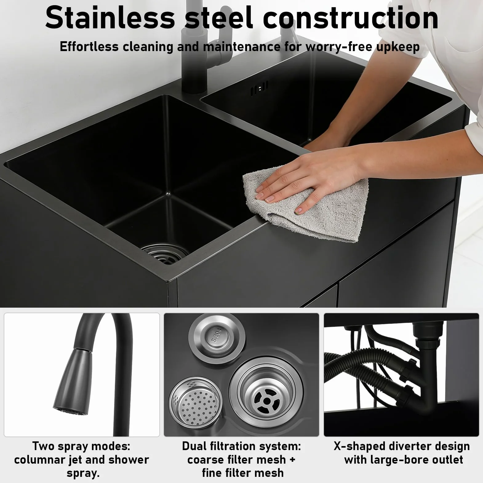 Lavello da cucina indipendente con mobile sottostante e rubinetto estraibile, lavandino in acciaio inox con cestello sgocciolante, 75x41x78cm. Lavello con mobile sottostante, lavabo per ristoranti