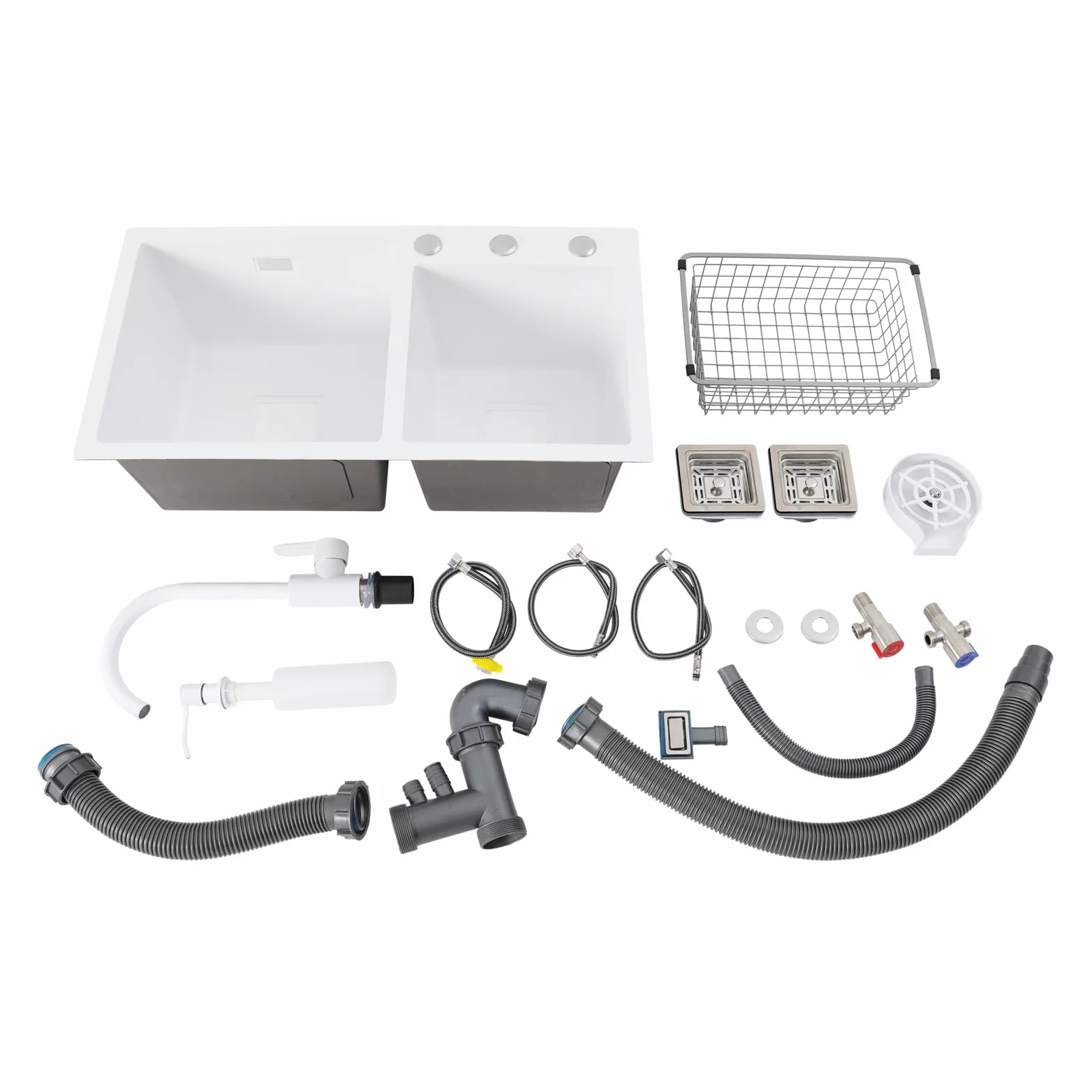 2 lavelli da cucina, 71 x 38 x 21 cm, colore bianco, in acciaio inox, con rubinetto per acqua calda e fredda, rettangolare, con sgocciolatoio, set di lavello da incasso, per appartamenti, ristoranti