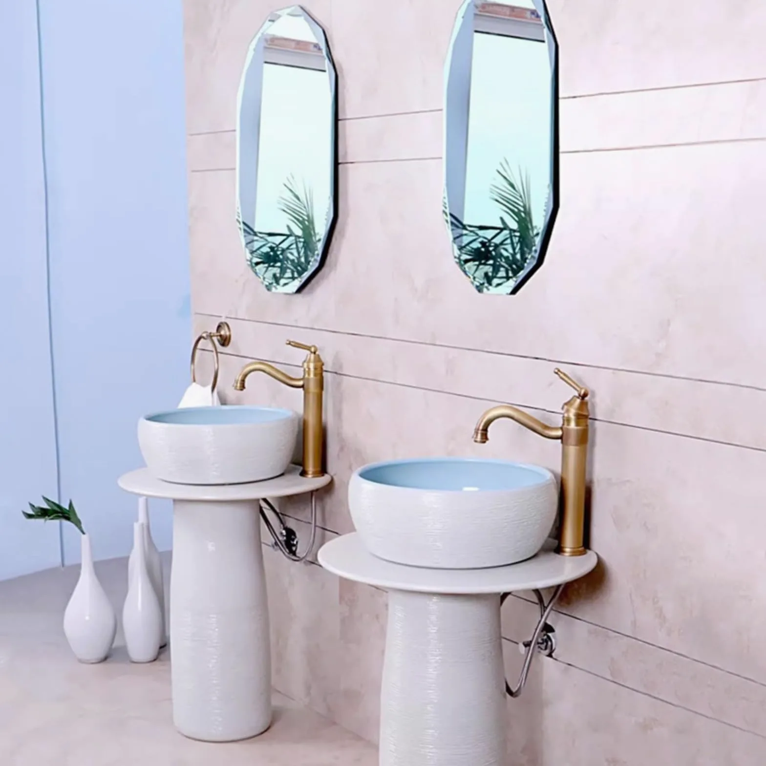 Lavabo su Colonna da Bagno in Ceramica con Rubinetto, Set di Scarico e Specchio - Piedistallo per Interni ed Esterni