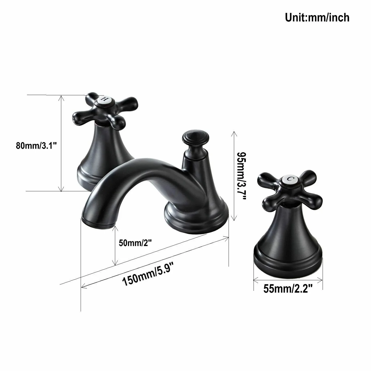 Rubinetto Bagno Lavabo Tre Fori Rubinetto Miscelatore, Nero Opaco