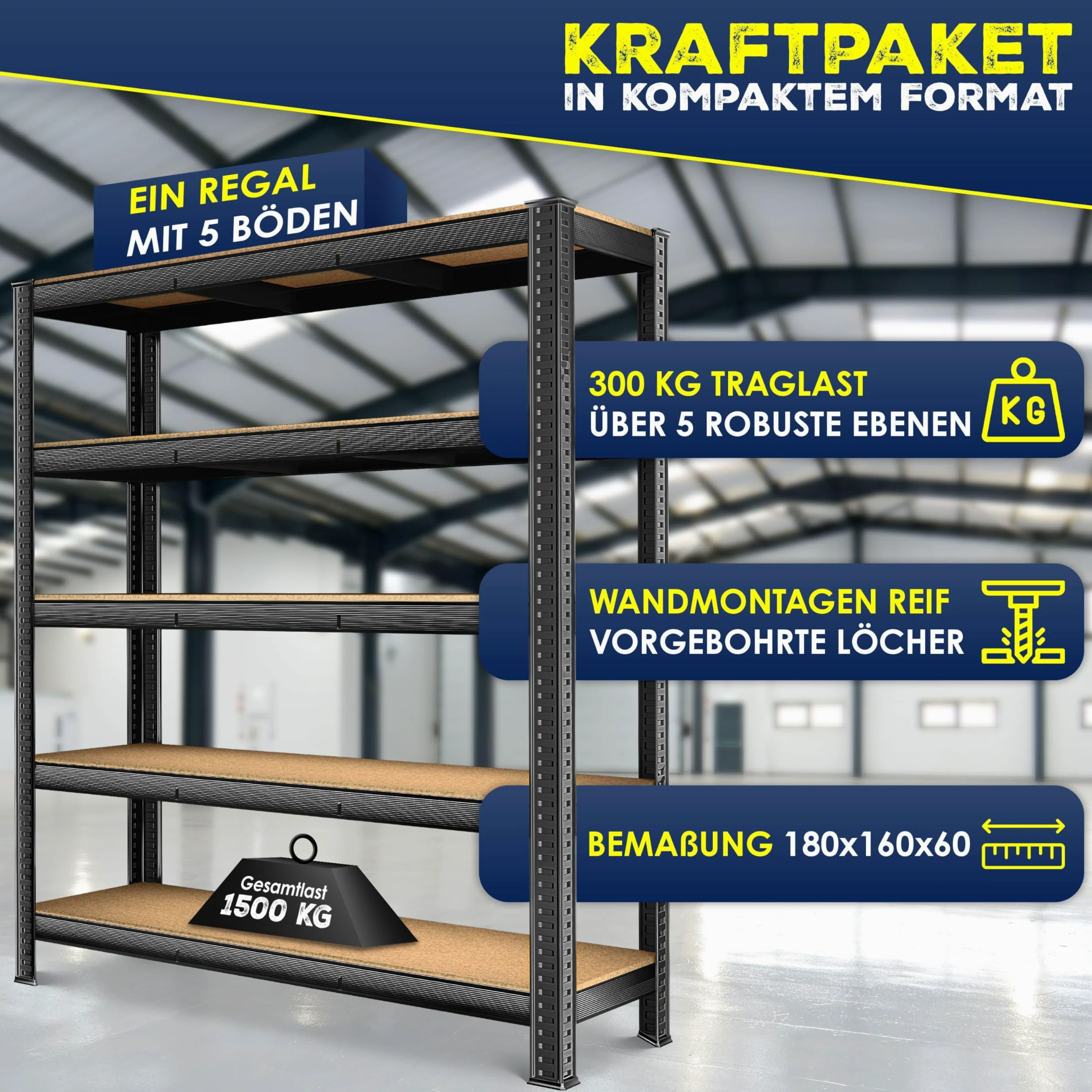 MASKO Scaffale portaoggetti per carichi pesanti, 180 x 160 x 60 cm, carico massimo: 1500 kg, 5 ripiani regolabili, pannelli in MDF in metallo, ripiano ad innesto, scaffale da officina, struttura in