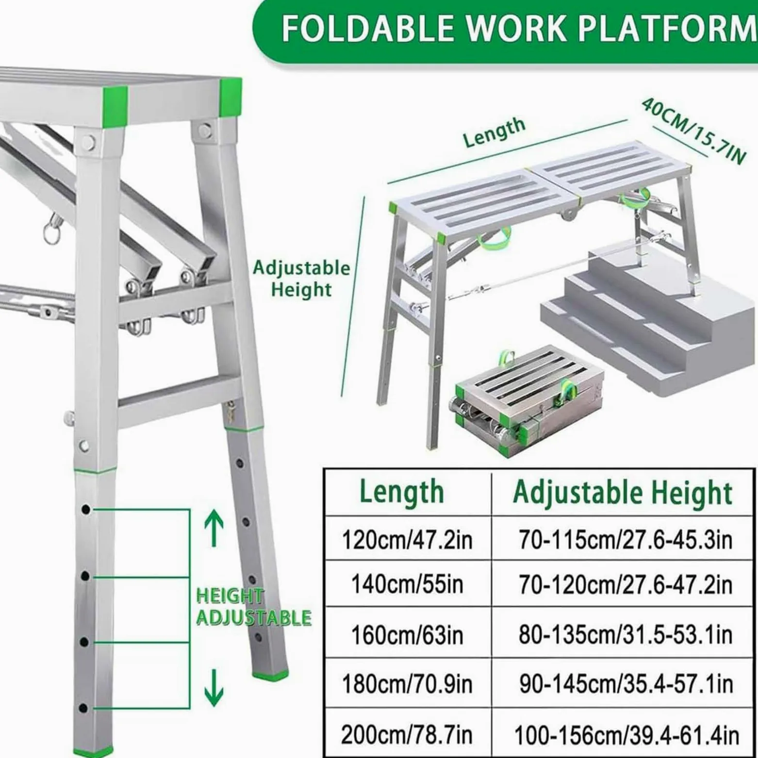 Scala Pieghevole Regolabile in Acciaio per ponteggi, Piattaforma di Lavoro Pieghevole, Ideale per Costruzioni, progetti Fai da Te e miglioramento della casa,001,140cm